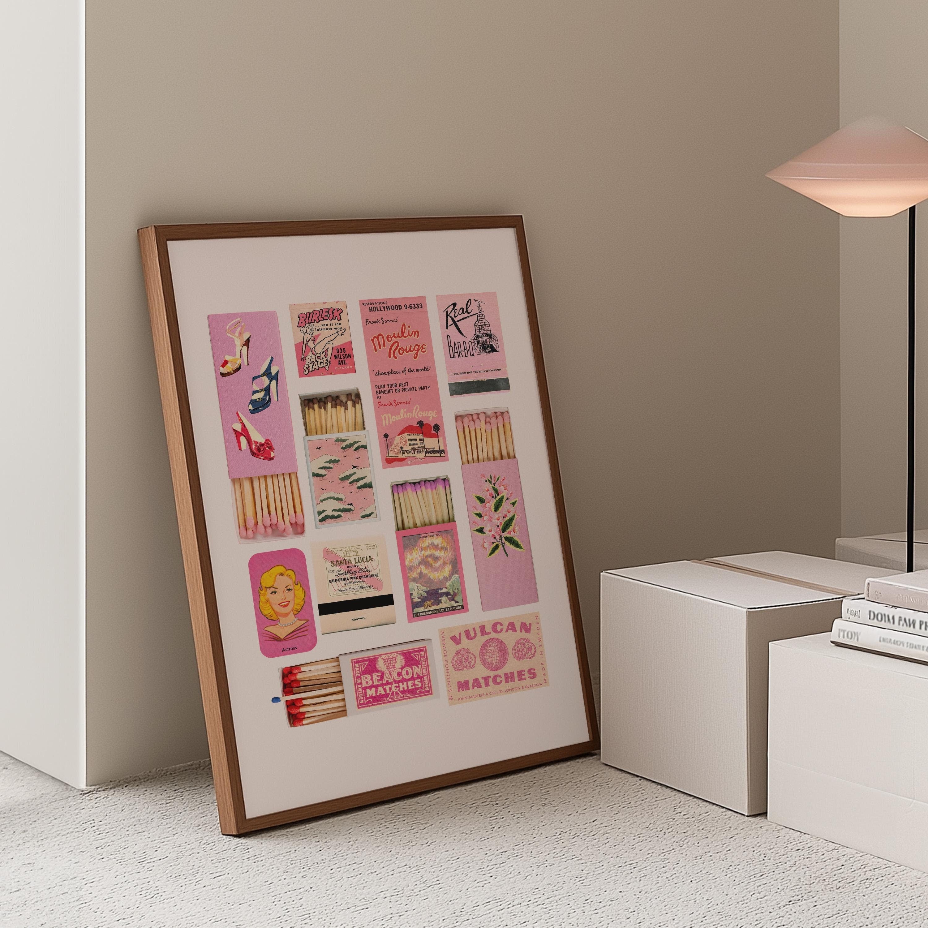 Pink Matchbox Print, Trendy Matches Poster, Retro Matchbook Wall Art, Bar Cart Aesthetic Print for Apartment, Instant Digital Download