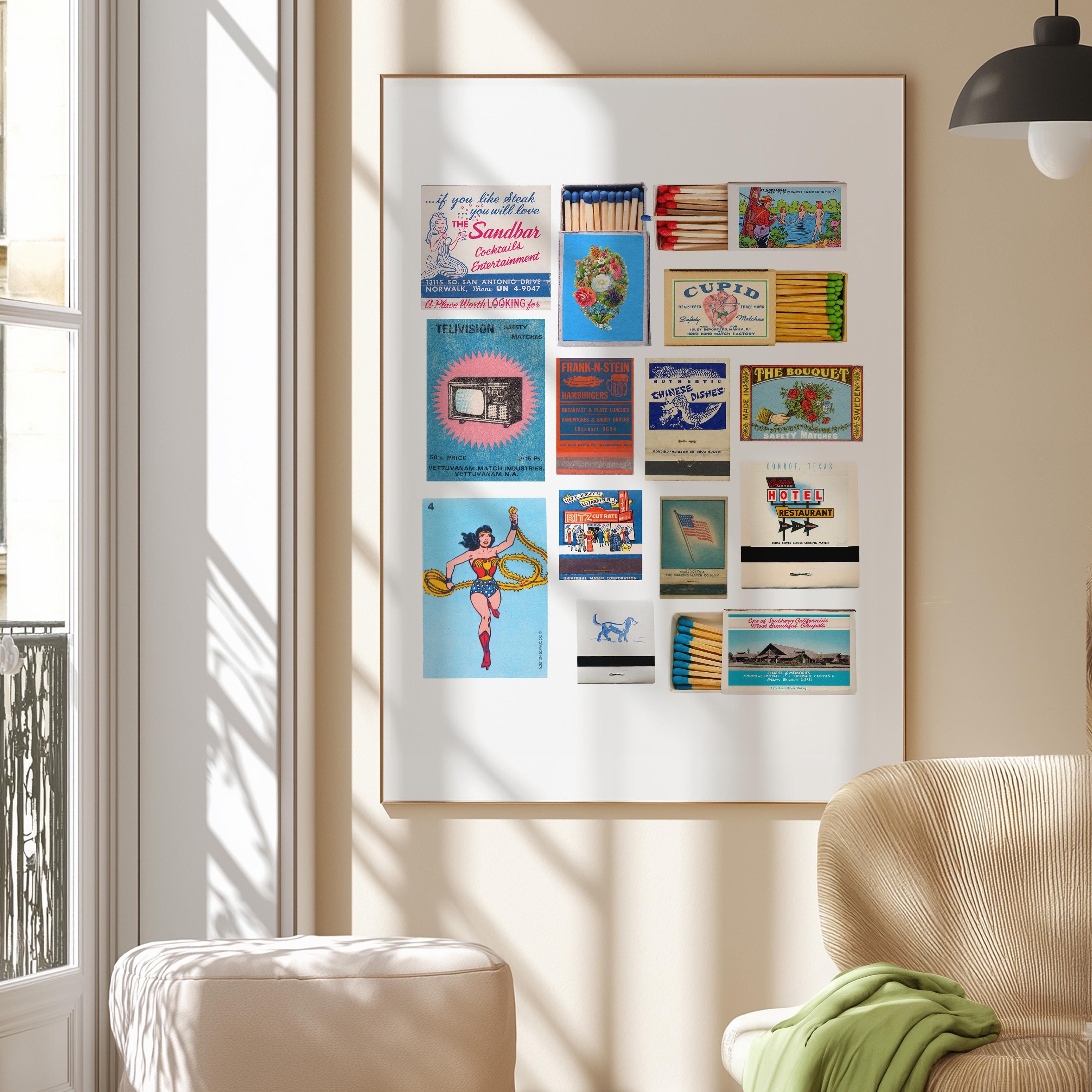 Blue Matchbox Print, Trendy Matches Poster, Retro Matchbook Wall Art, Bar Cart Aesthetic Print for Apartment, Instant Digital Download