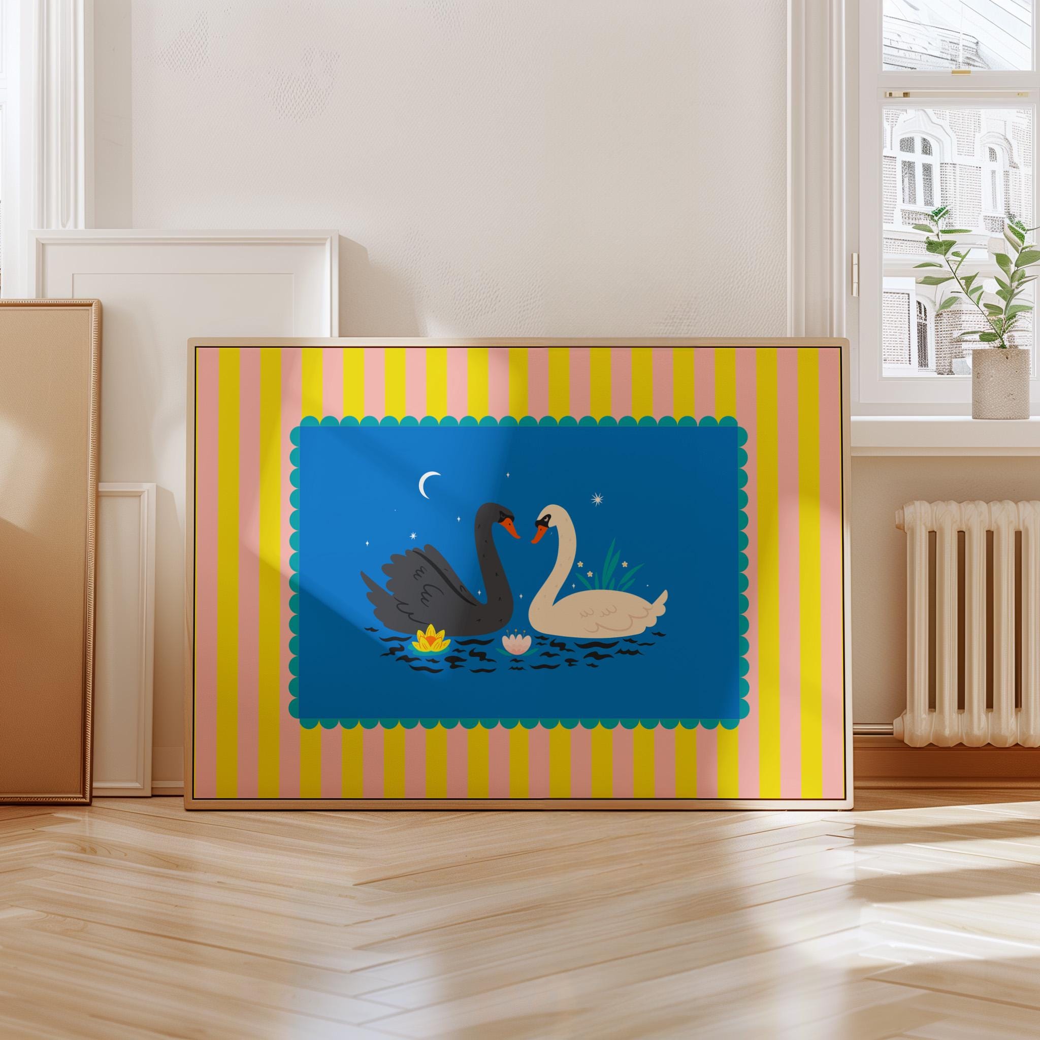 Exhibition Poster, Aesthetic Home Wall Decor, Art Colorful Illustration, Digital Art, Retro Trendy Gift, Swan art print, animal colorful art