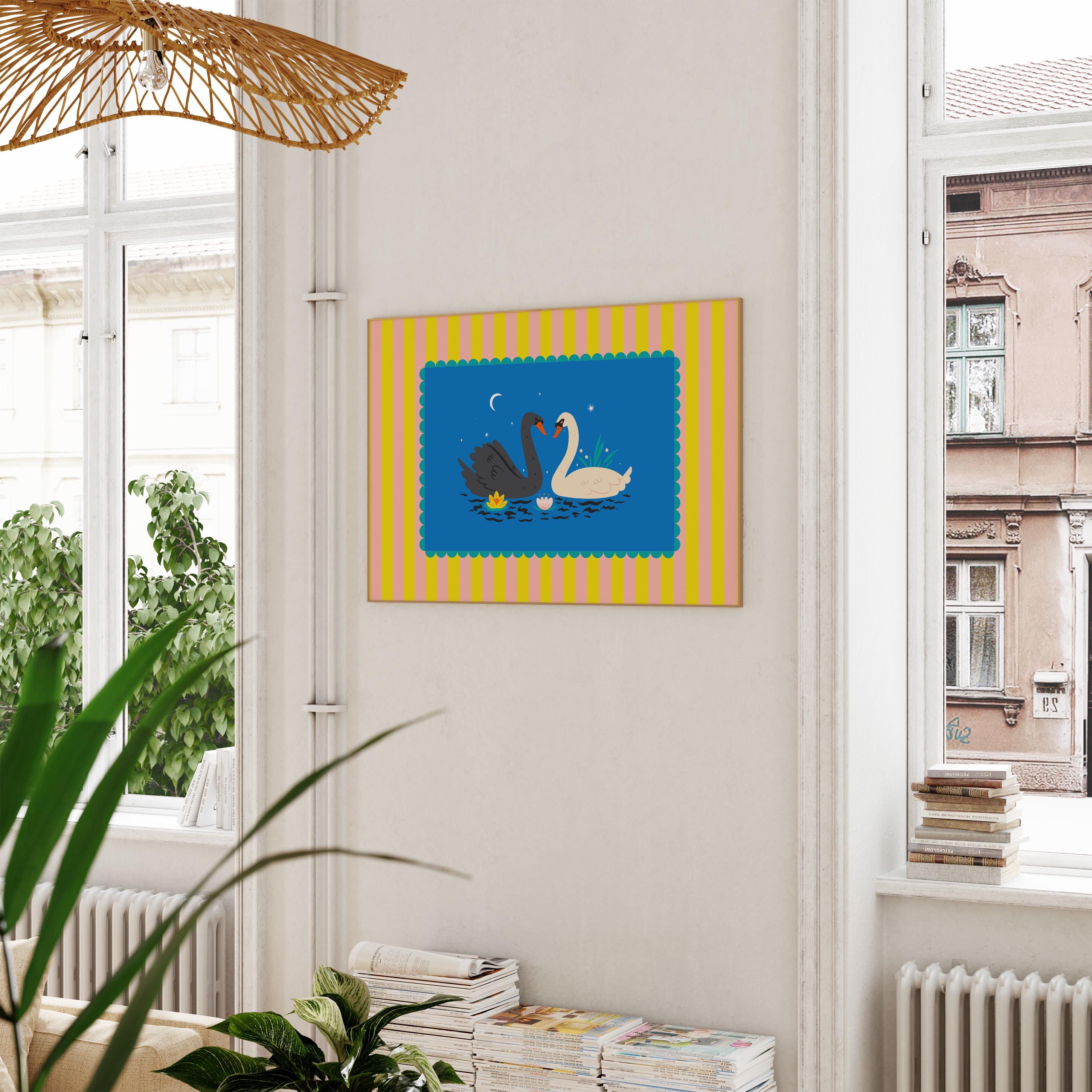 Exhibition Poster, Aesthetic Home Wall Decor, Art Colorful Illustration, Digital Art, Retro Trendy Gift, Swan art print, animal colorful art