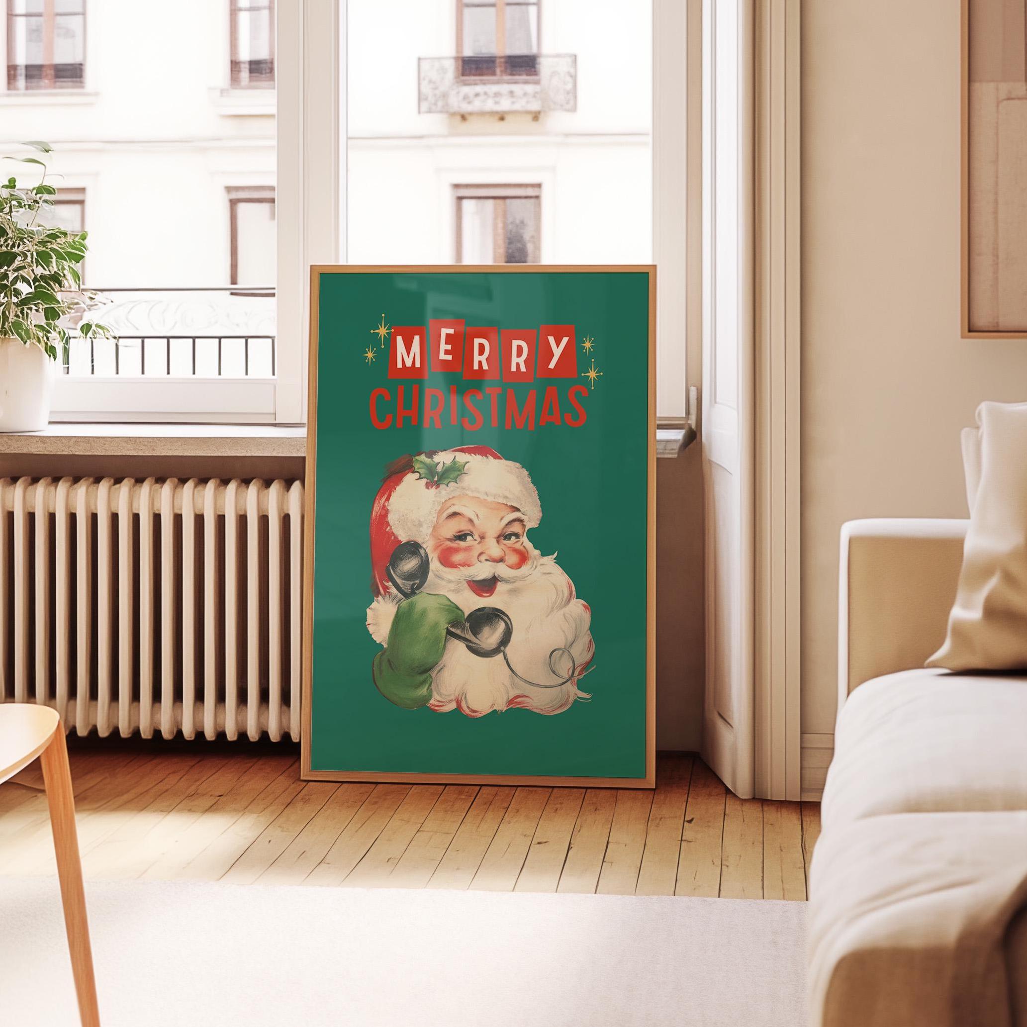 This festive Santa poster showcases a cheerful Santa Claus with a bright smile and rosy cheeks, surrounded by playful snowflakes and colorful ornaments. He carries a sack filled with presents, capturing the joy and magic of the holiday season!