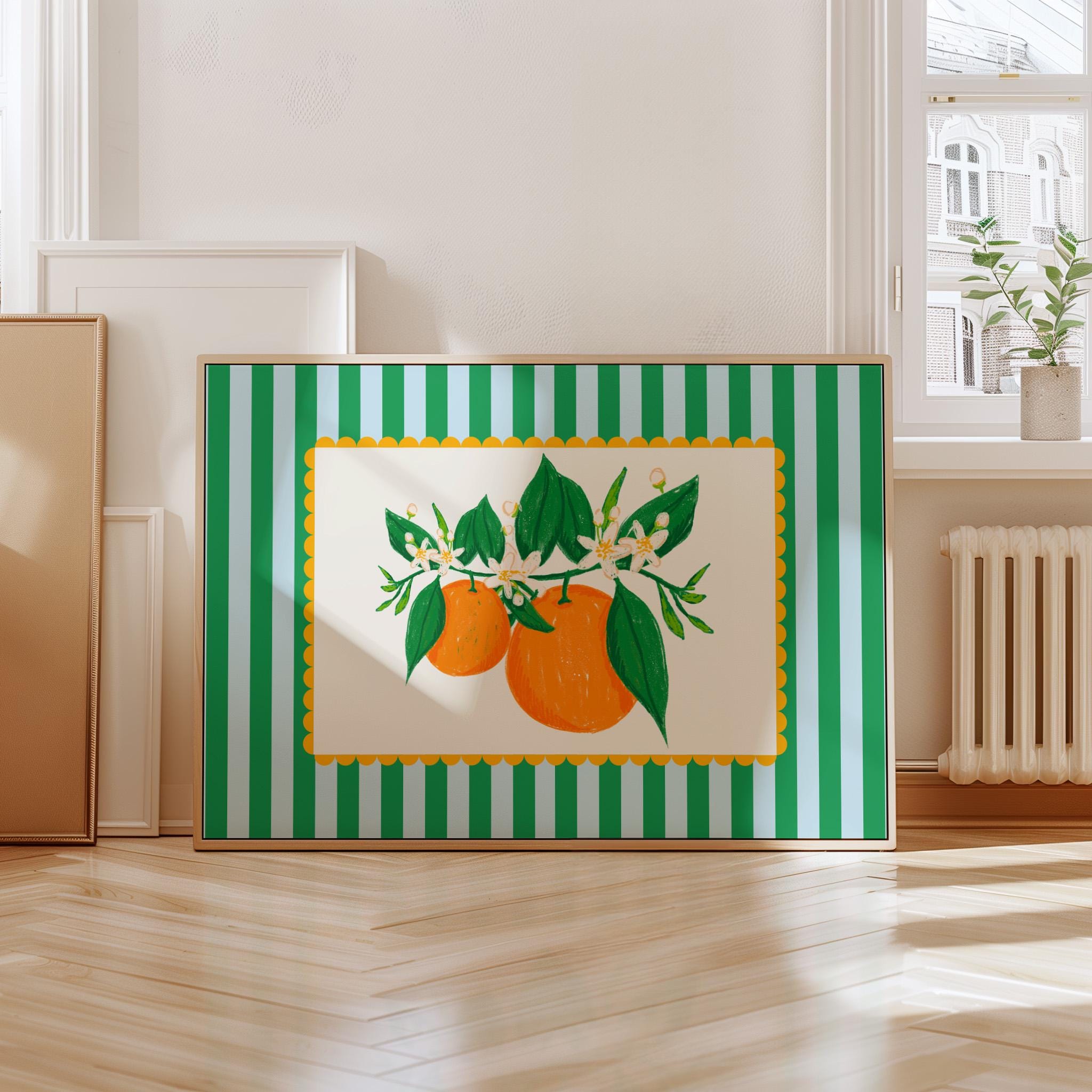 Orange Print, Cute Kitchen Wall Art, Minimalist Fruit Print, Orange Flowers Art, Aesthetic Kitchen Decor, Digital Download, Stripe Art Print