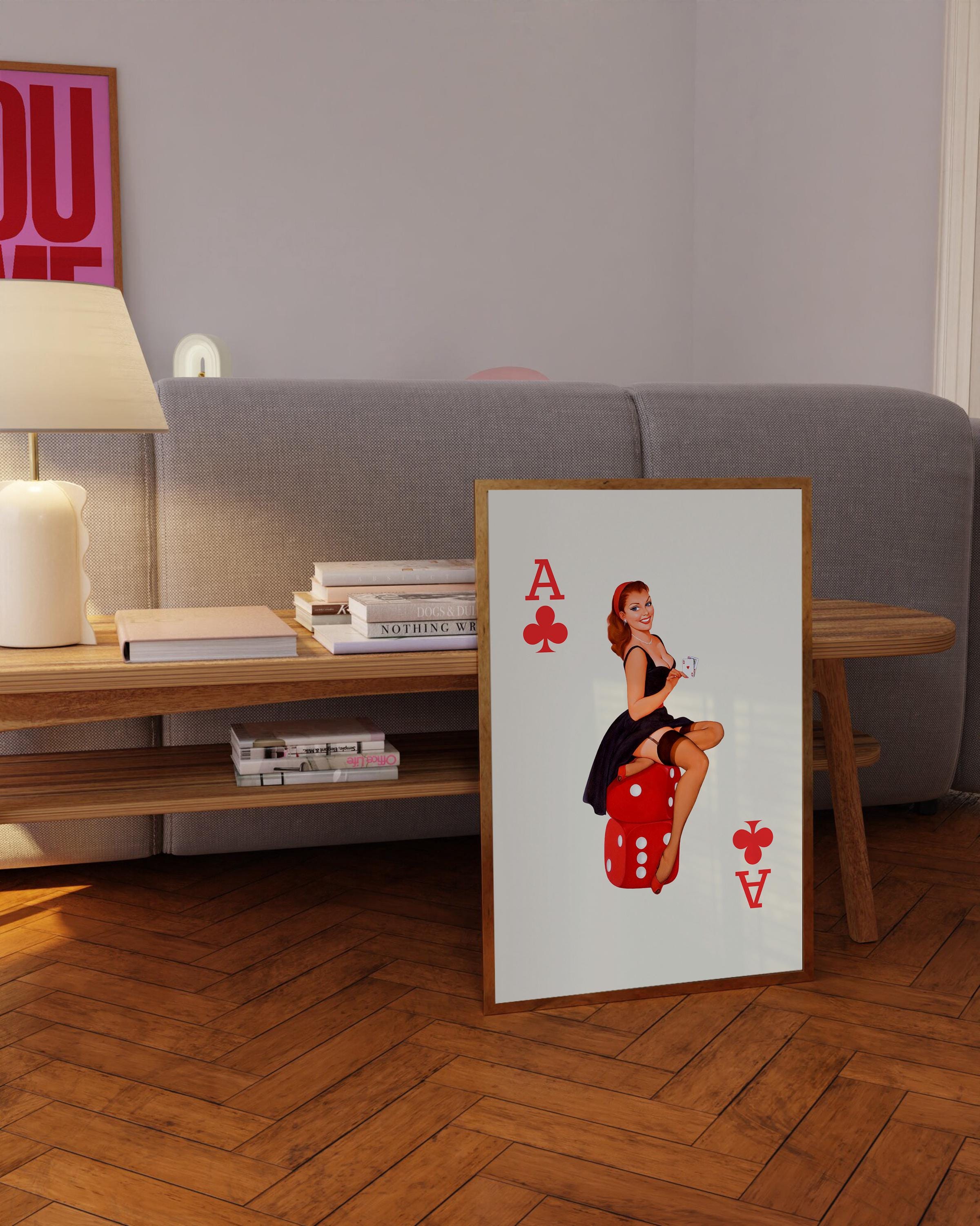 set of 3, wall art, lucky you, queen hearts, bar cart art, pin up girl posters, coquette decor. girly art print, ace of hearts