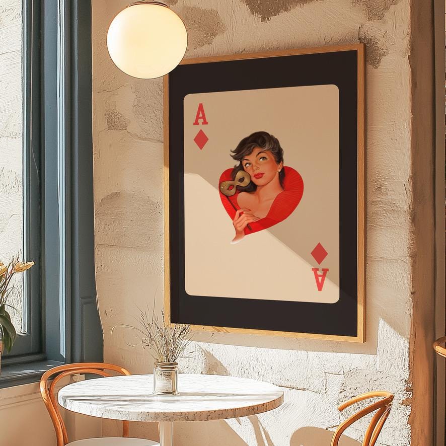 set of 3, wall art, lucky you, queen hearts, bar cart art, pin up girl posters, coquette decor. girly art print, ace of hearts