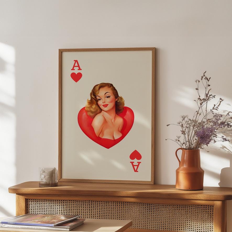 set of 3, wall art, lucky you, queen hearts, bar cart art, pin up girl posters, coquette decor. girly art print, ace of hearts