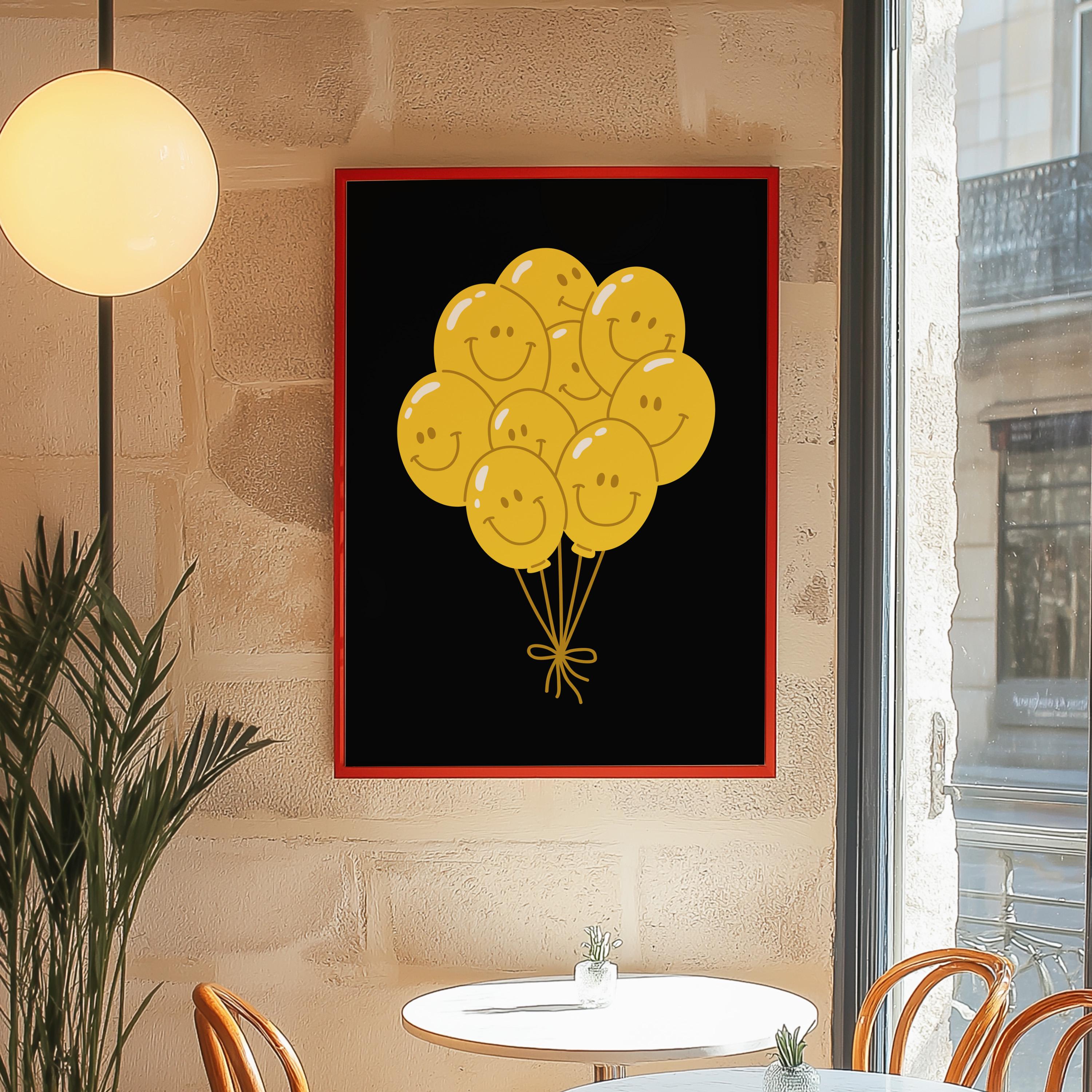 Balloon Art Print-Digital Download-Wall Print-Retro Art-Floral Art-Kids Room Decor-70s Flowers-Downloadable Art-Smiley Art Print-Dorm Decor