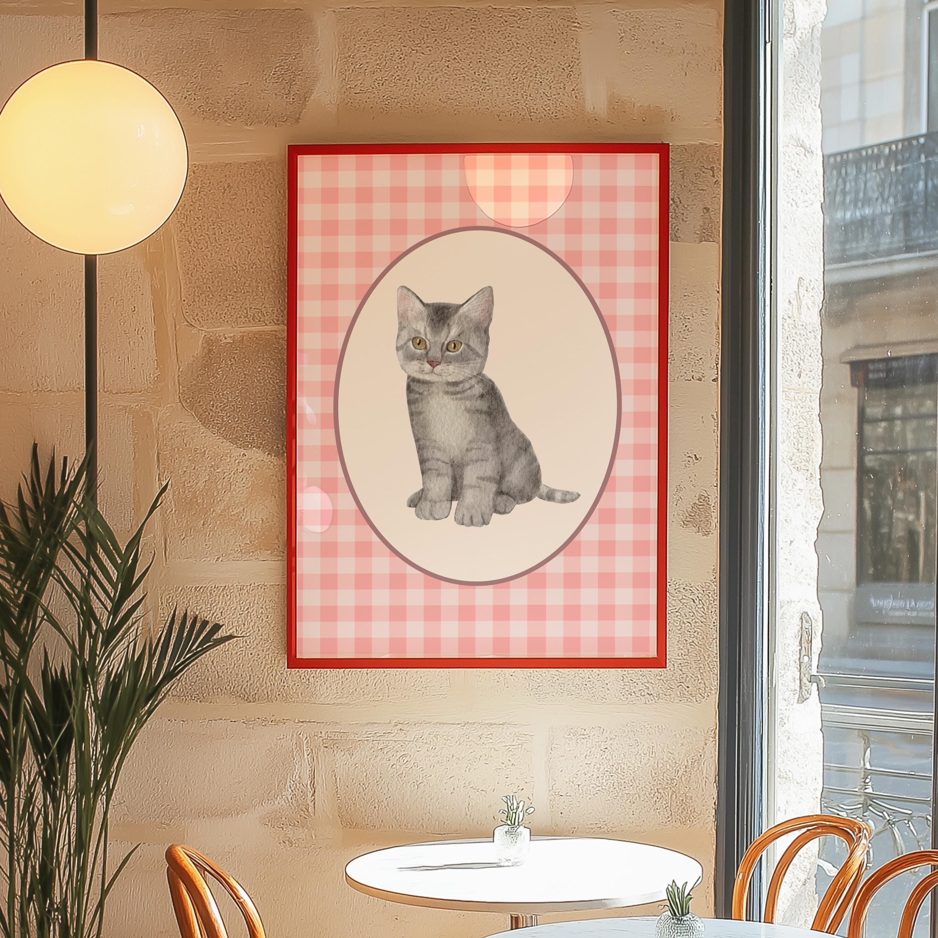 Cute Cat Print, Minimalist Decor, Cat Owner Gift, Kitten Poster, Trendy Cat Wall Art, Pink Checker Art, Digital Download, GS Print Shoppe