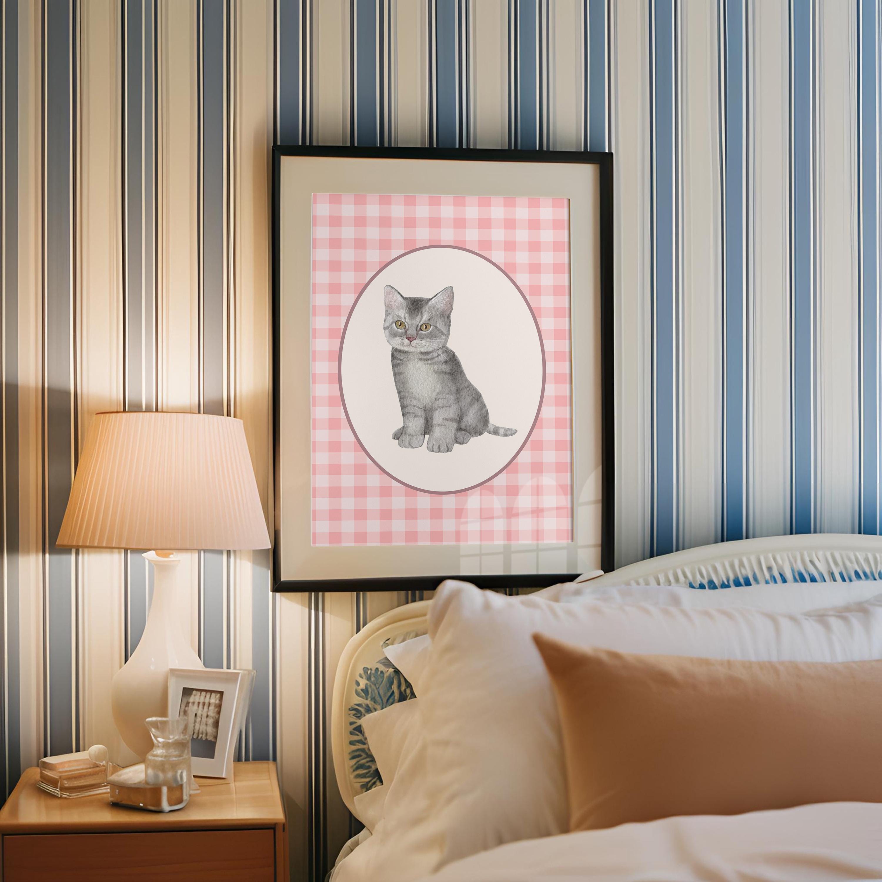 Cute Cat Print, Minimalist Decor, Cat Owner Gift, Kitten Poster, Trendy Cat Wall Art, Pink Checker Art, Digital Download, GS Print Shoppe