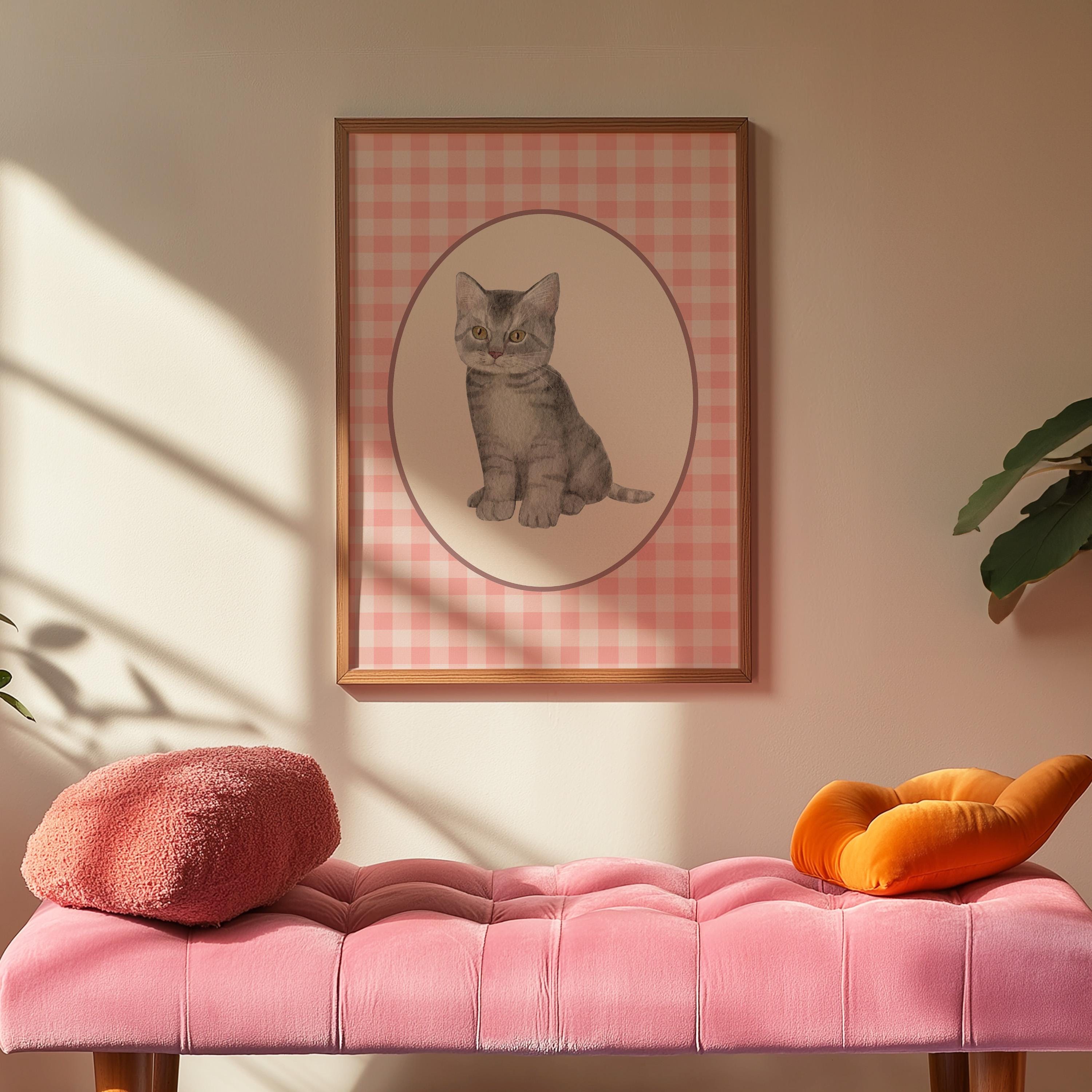 Cute Cat Print, Minimalist Decor, Cat Owner Gift, Kitten Poster, Trendy Cat Wall Art, Pink Checker Art, Digital Download, GS Print Shoppe