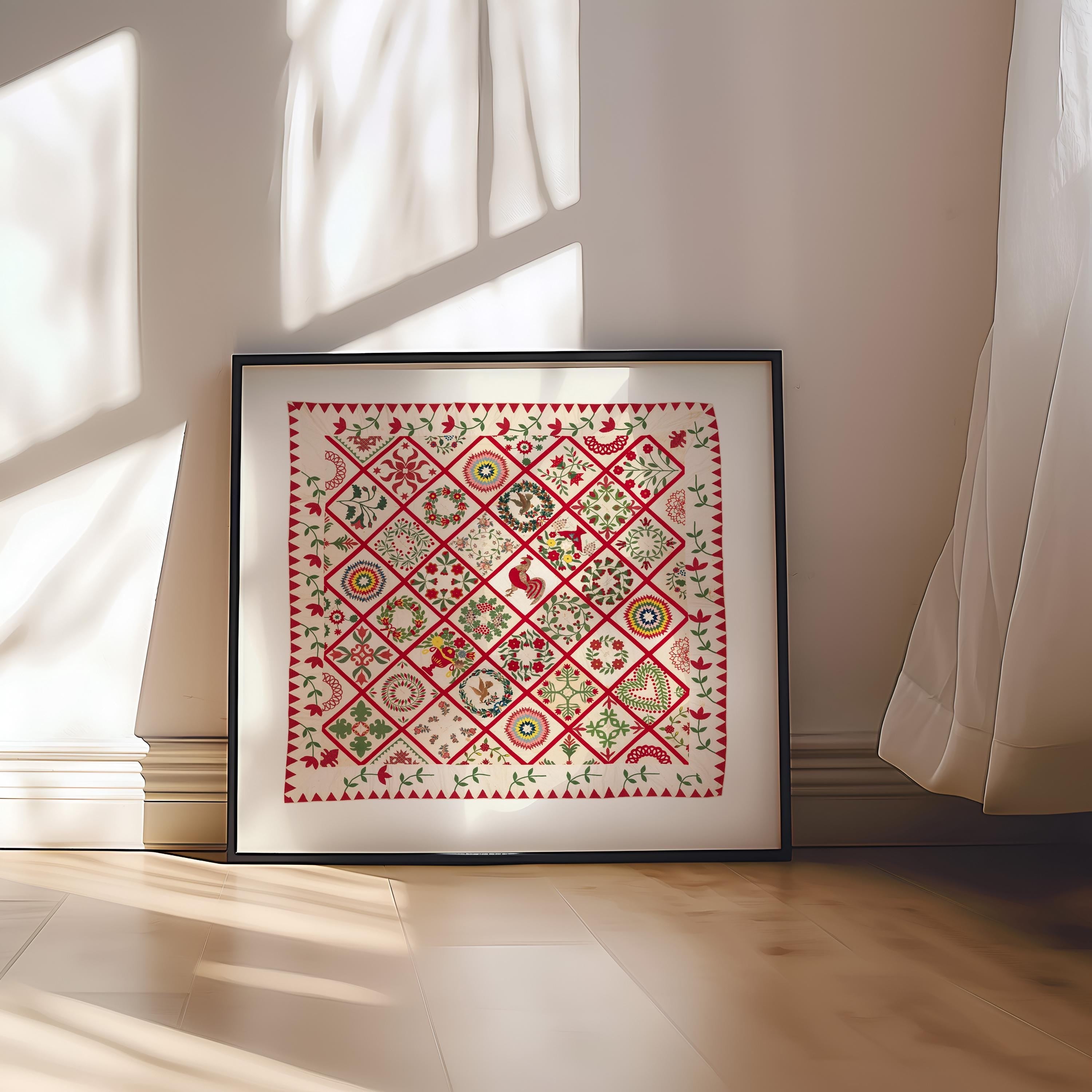Quilt Design Digital Art, Digital Download, Quilt decor, folk design art print, cozy home decor, english cottage decor, gs print shoppe