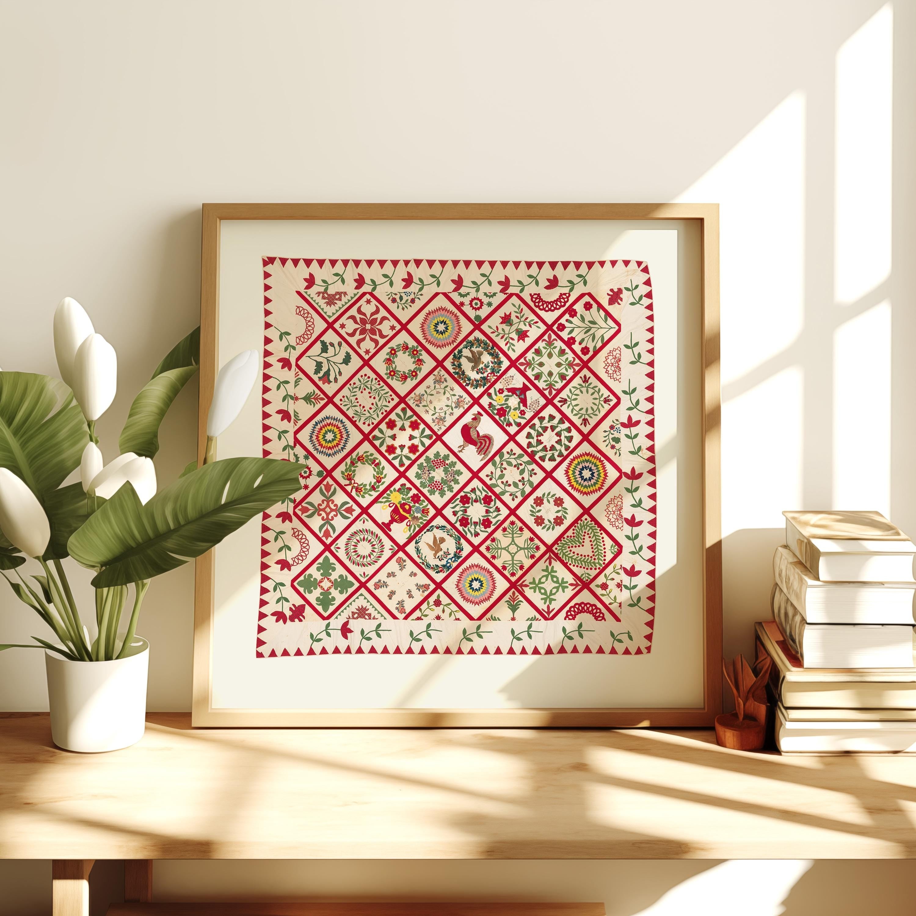 Quilt Design Digital Art, Digital Download, Quilt decor, folk design art print, cozy home decor, english cottage decor, gs print shoppe