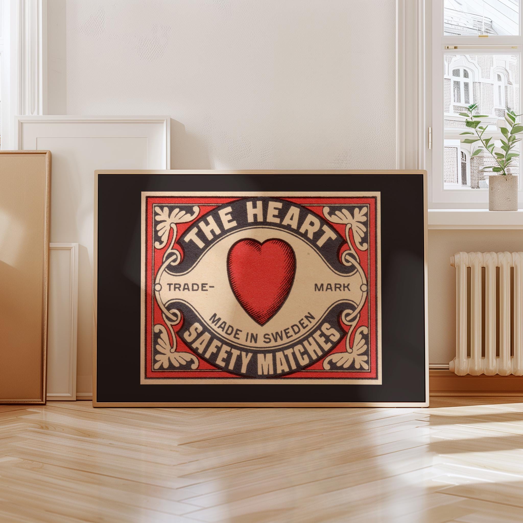 Heart Retro Matchbox, love wall art, digital download, gift idea, unique vintage, bar cart poster, matchbox art print, matchbook art