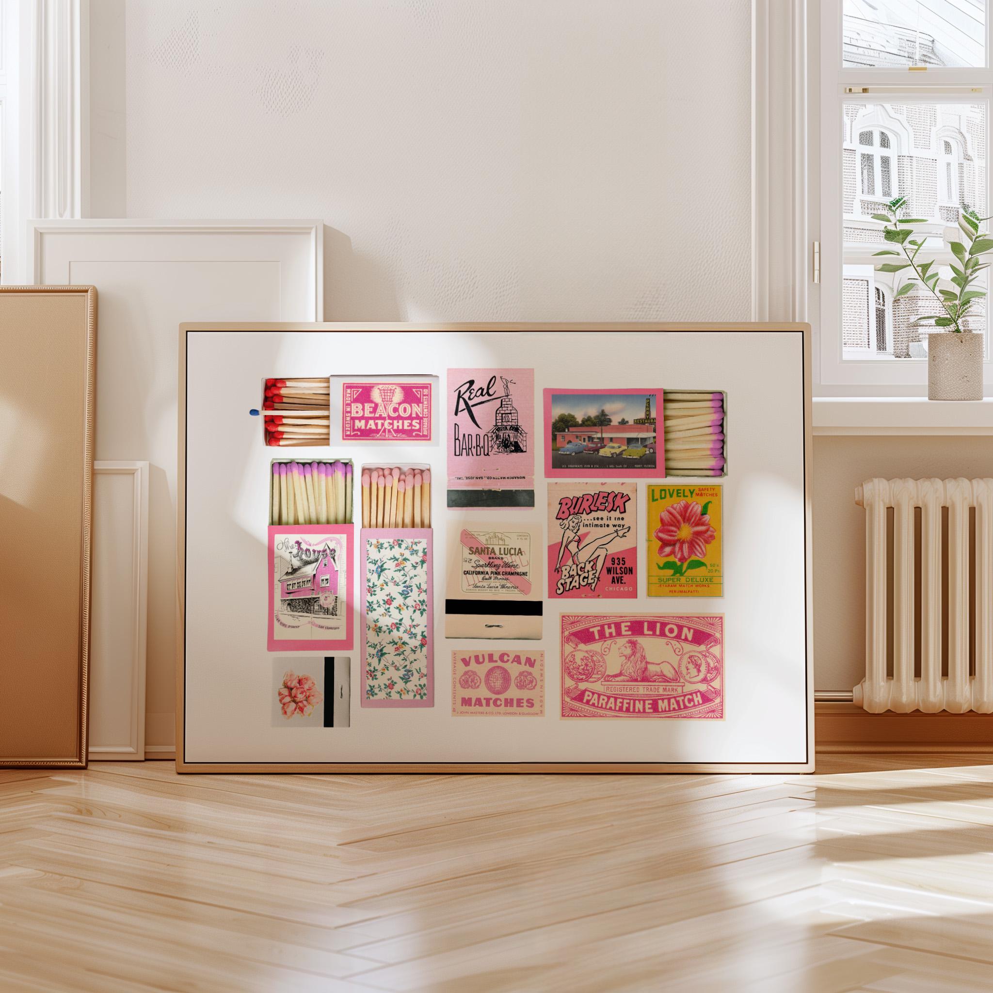 Pink Matchbox Print, Trendy Matches Poster, Retro Matchbook Wall Art, Bar Cart Aesthetic Print for Apartment, Instant Digital Download