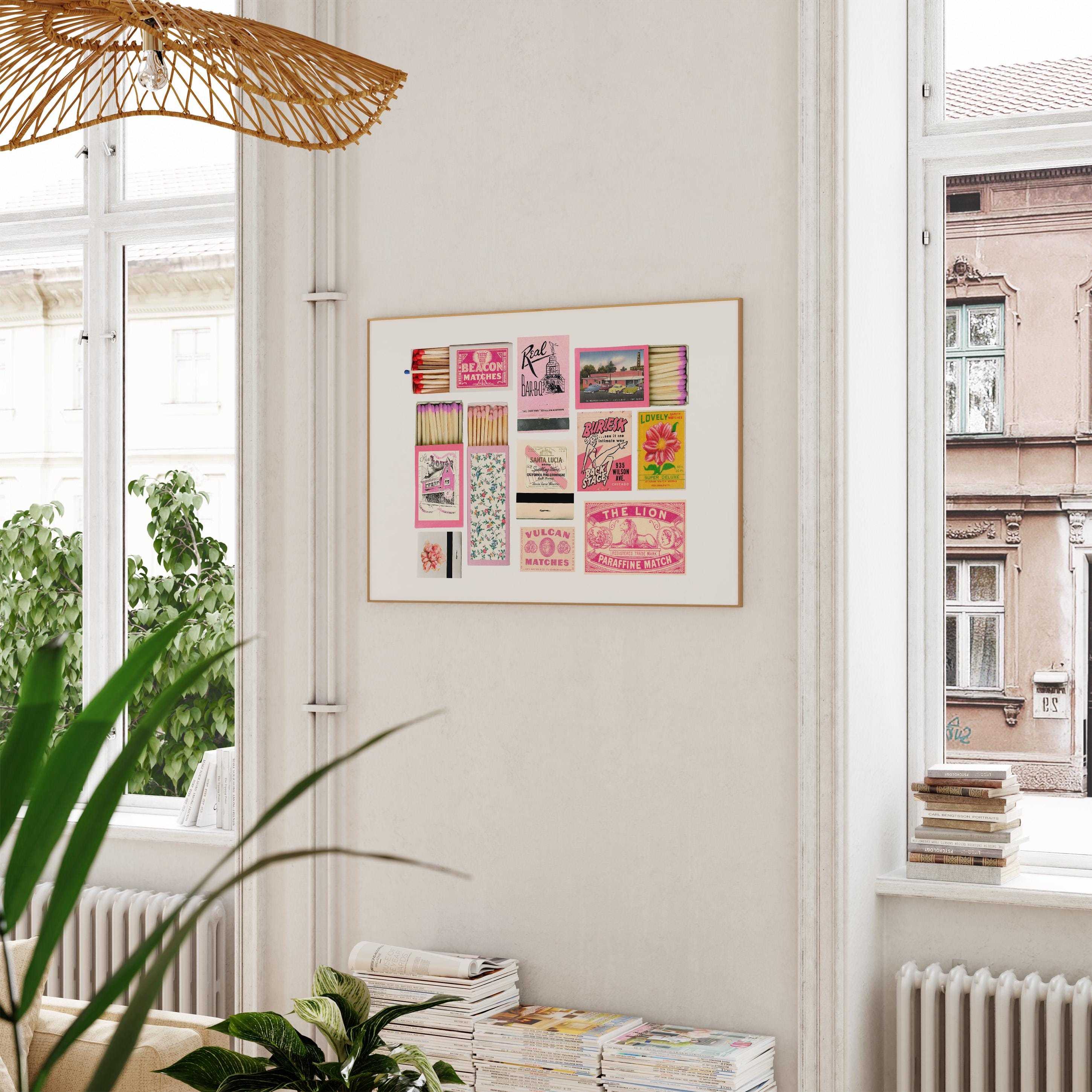 Pink Matchbox Print, Trendy Matches Poster, Retro Matchbook Wall Art, Bar Cart Aesthetic Print for Apartment, Instant Digital Download