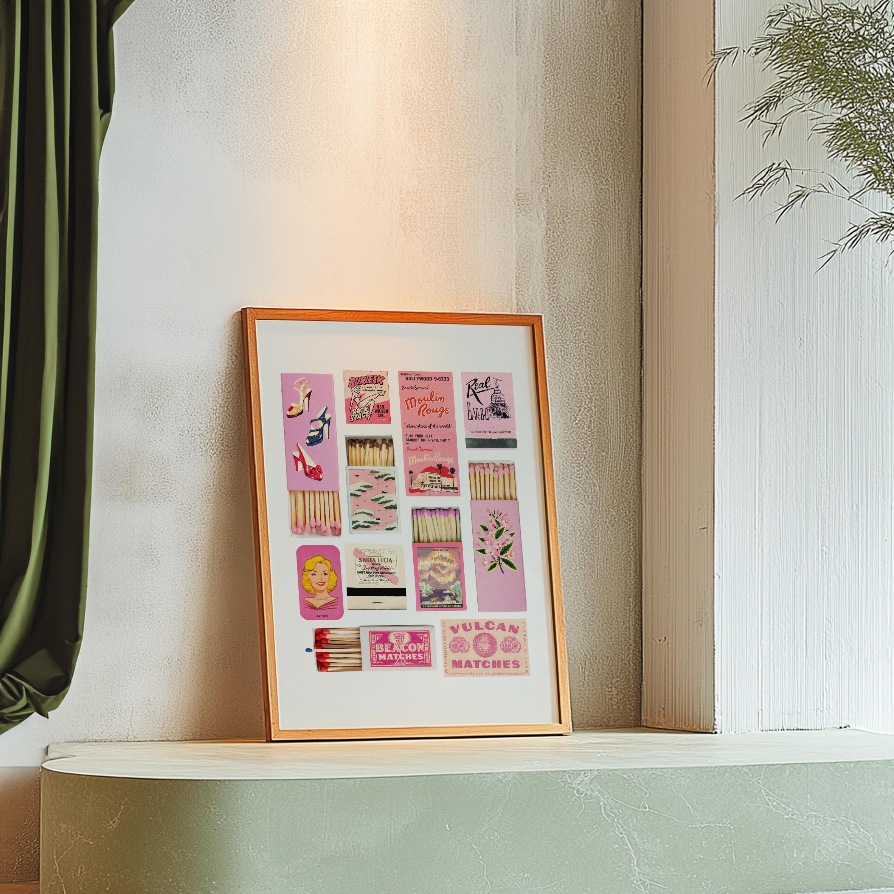 Pink Matchbox Print, Trendy Matches Poster, Retro Matchbook Wall Art, Bar Cart Aesthetic Print for Apartment, Instant Digital Download