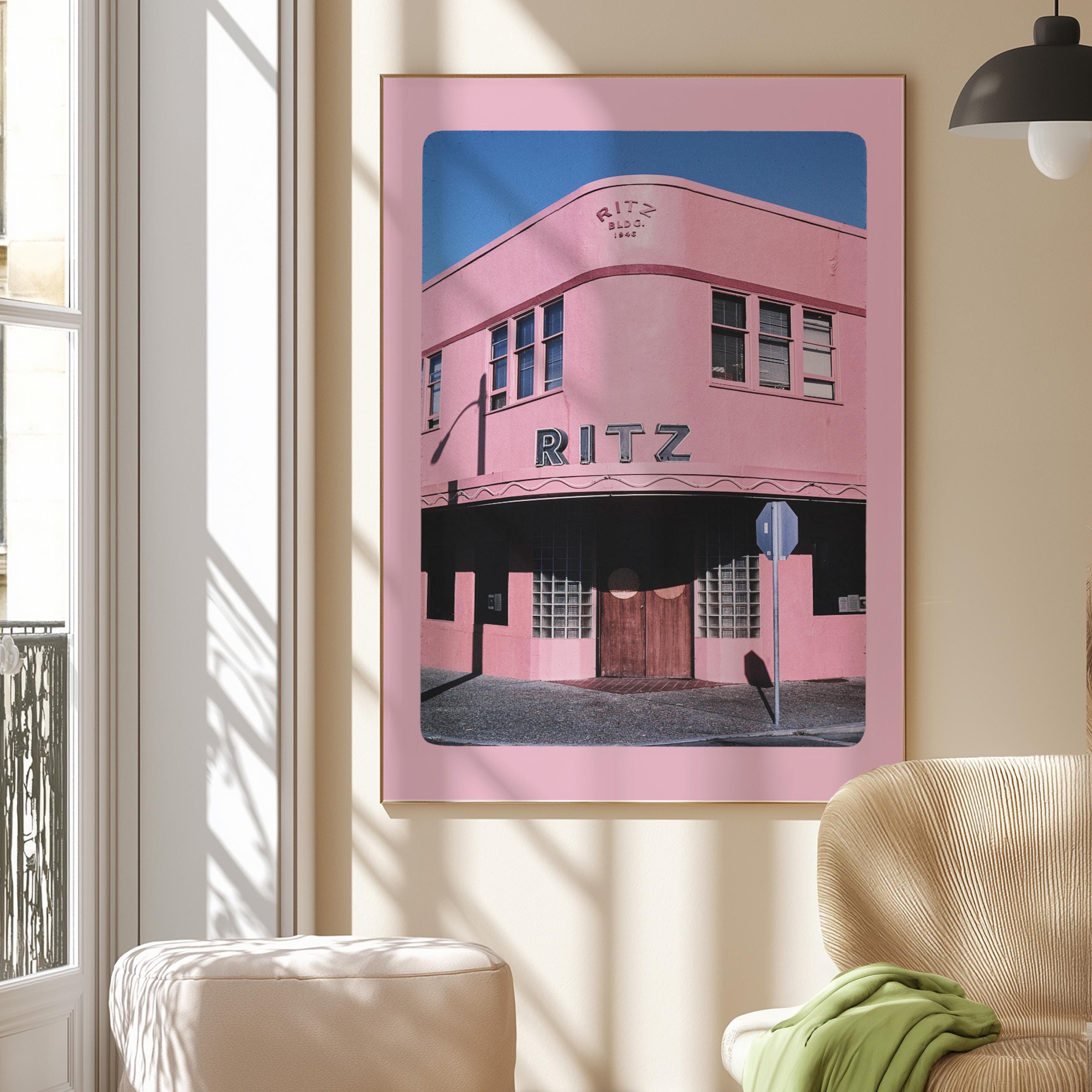 The Ritz Hotel, Pink Hotel Poster, Pink Vintage Photograph, Gift For Her, Vintage Art Print, GS print Shoppe, Retro art decor, photography