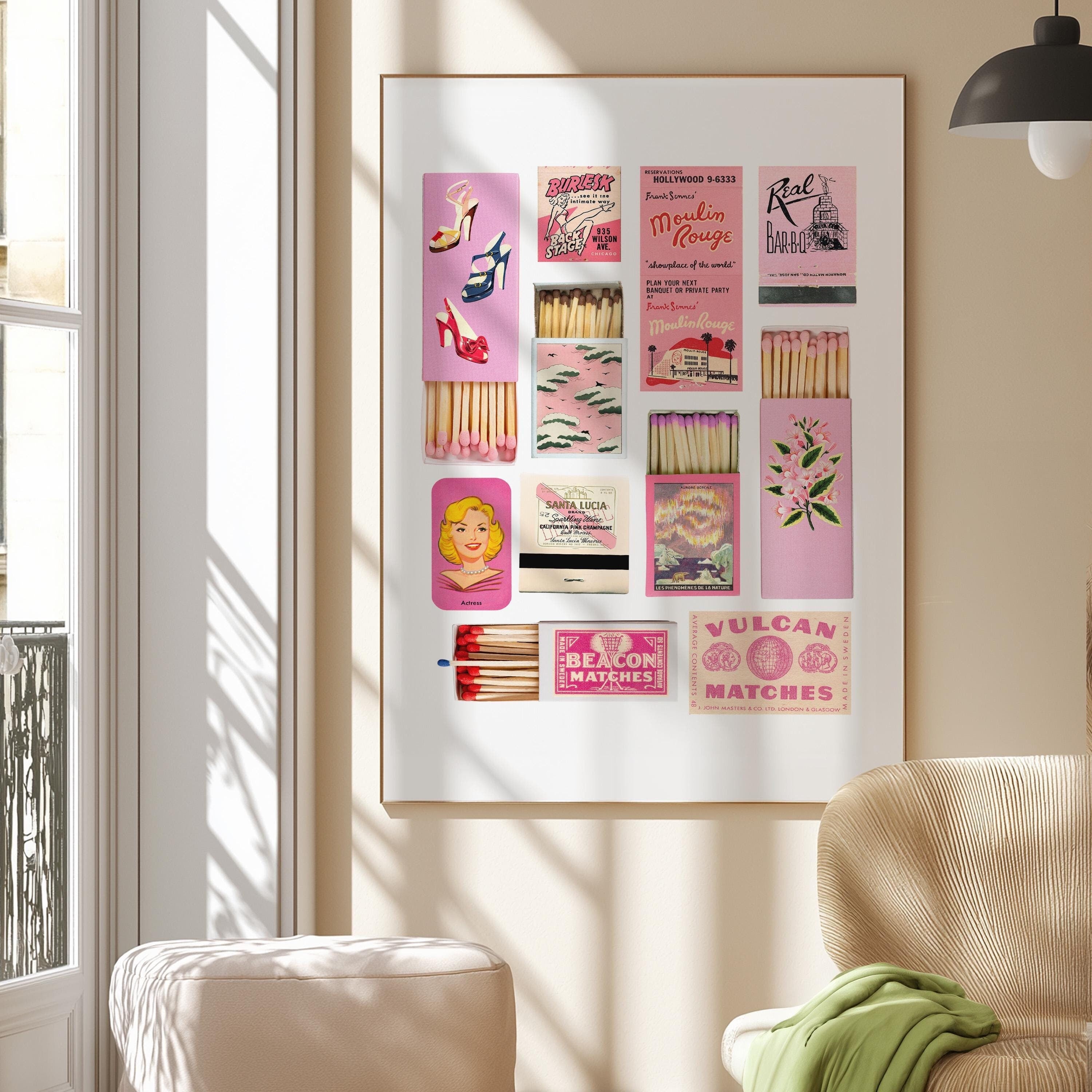 Pink Matchbox Print, Trendy Matches Poster, Retro Matchbook Wall Art, Bar Cart Aesthetic Print for Apartment, Instant Digital Download
