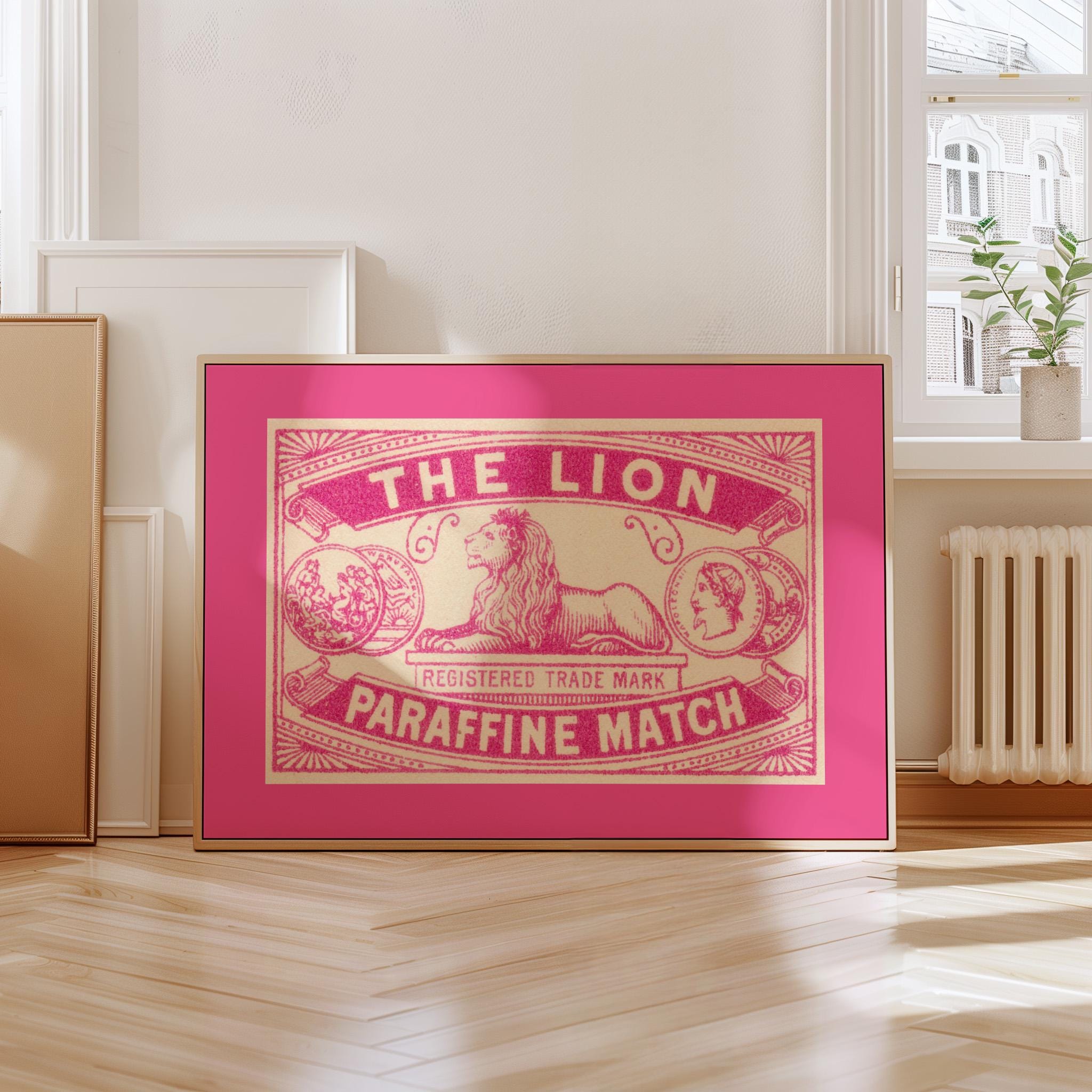 Digital Download, Lion Matches, Pink Art Print, Matches Poster, Vintage Matchbook Print, Pink Wall Art, GS Print Shoppe, Trendy Matchbox art