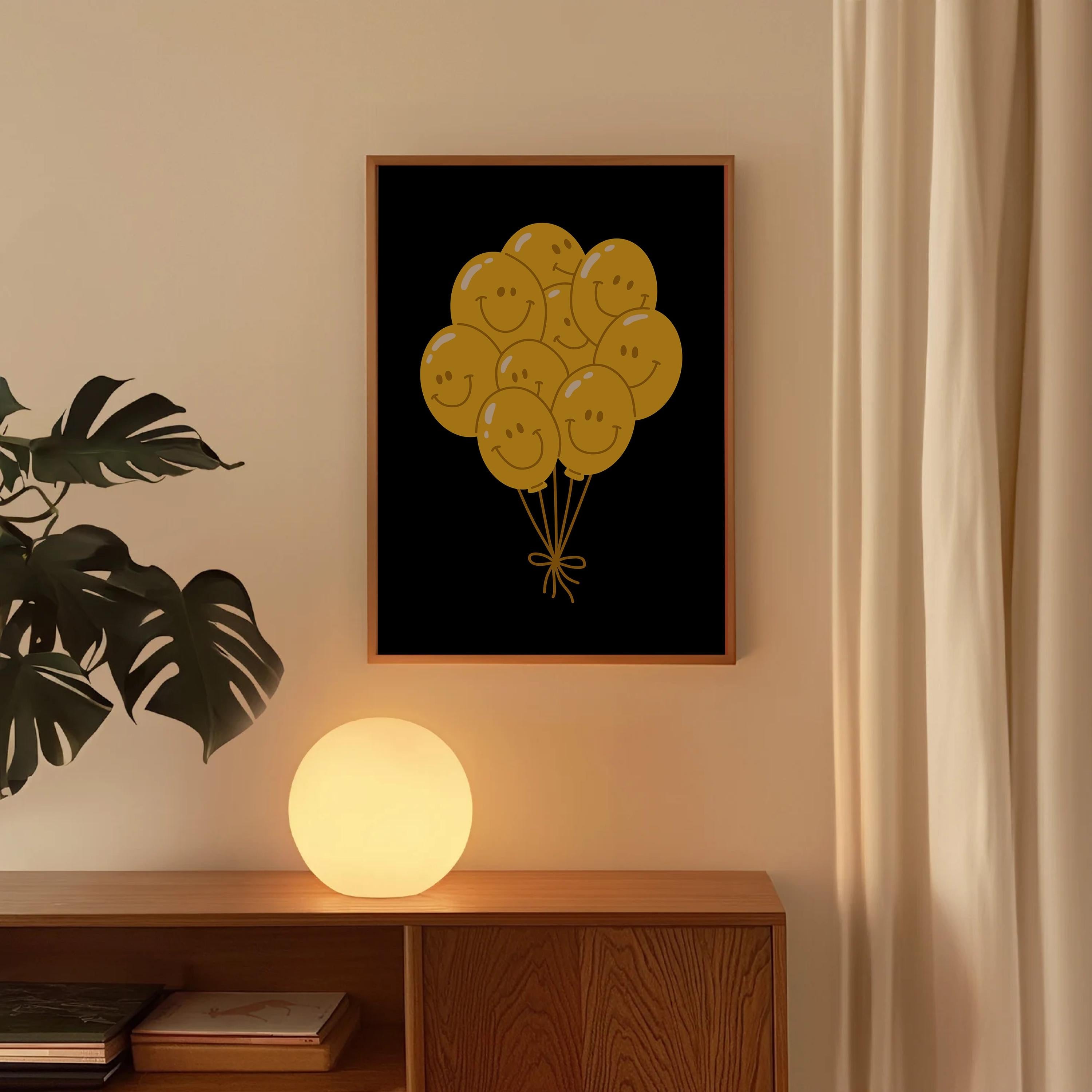 Balloon Art Print-Digital Download-Wall Print-Retro Art-Floral Art-Kids Room Decor-70s Flowers-Downloadable Art-Smiley Art Print-Dorm Decor