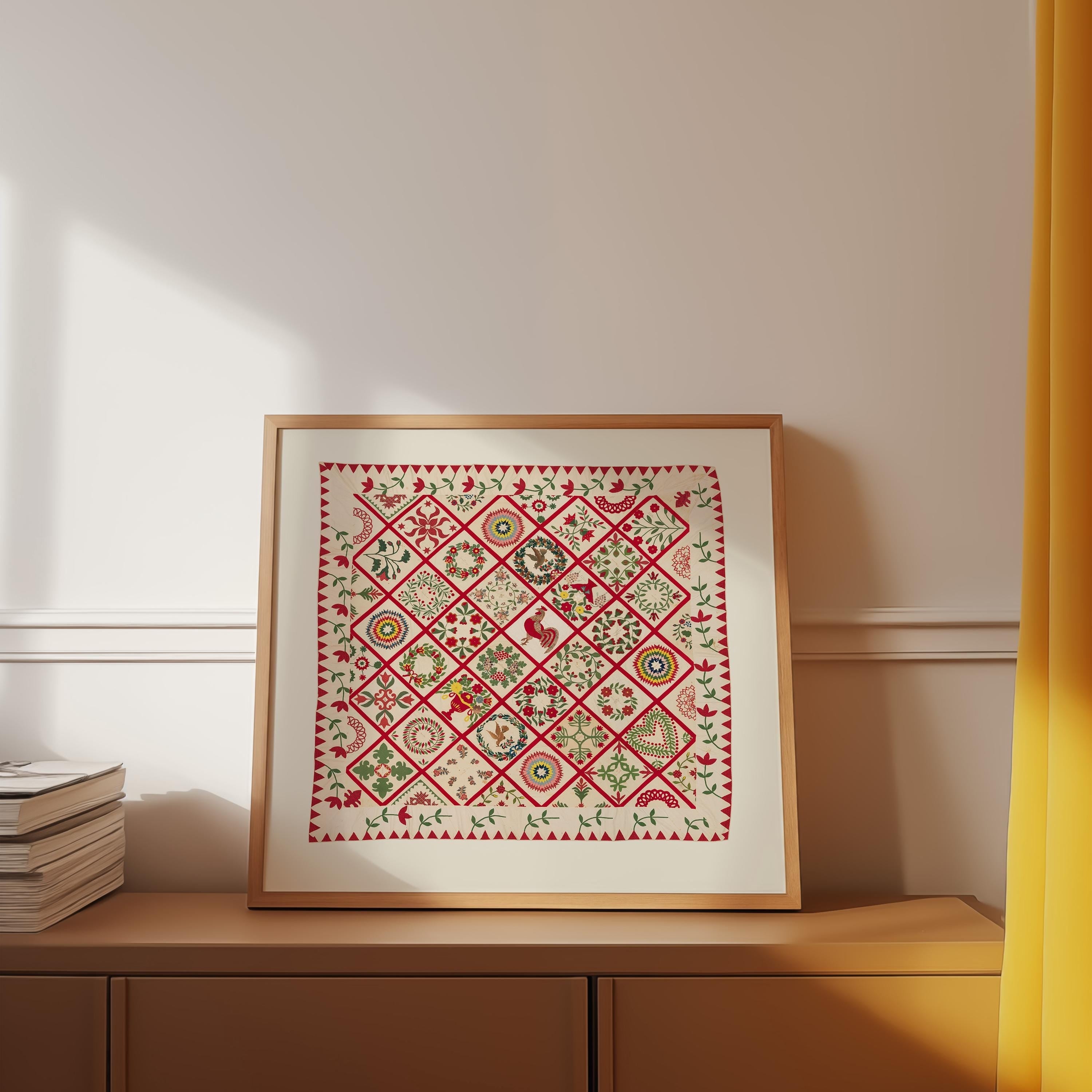 Quilt Design Digital Art, Digital Download, Quilt decor, folk design art print, cozy home decor, english cottage decor, gs print shoppe