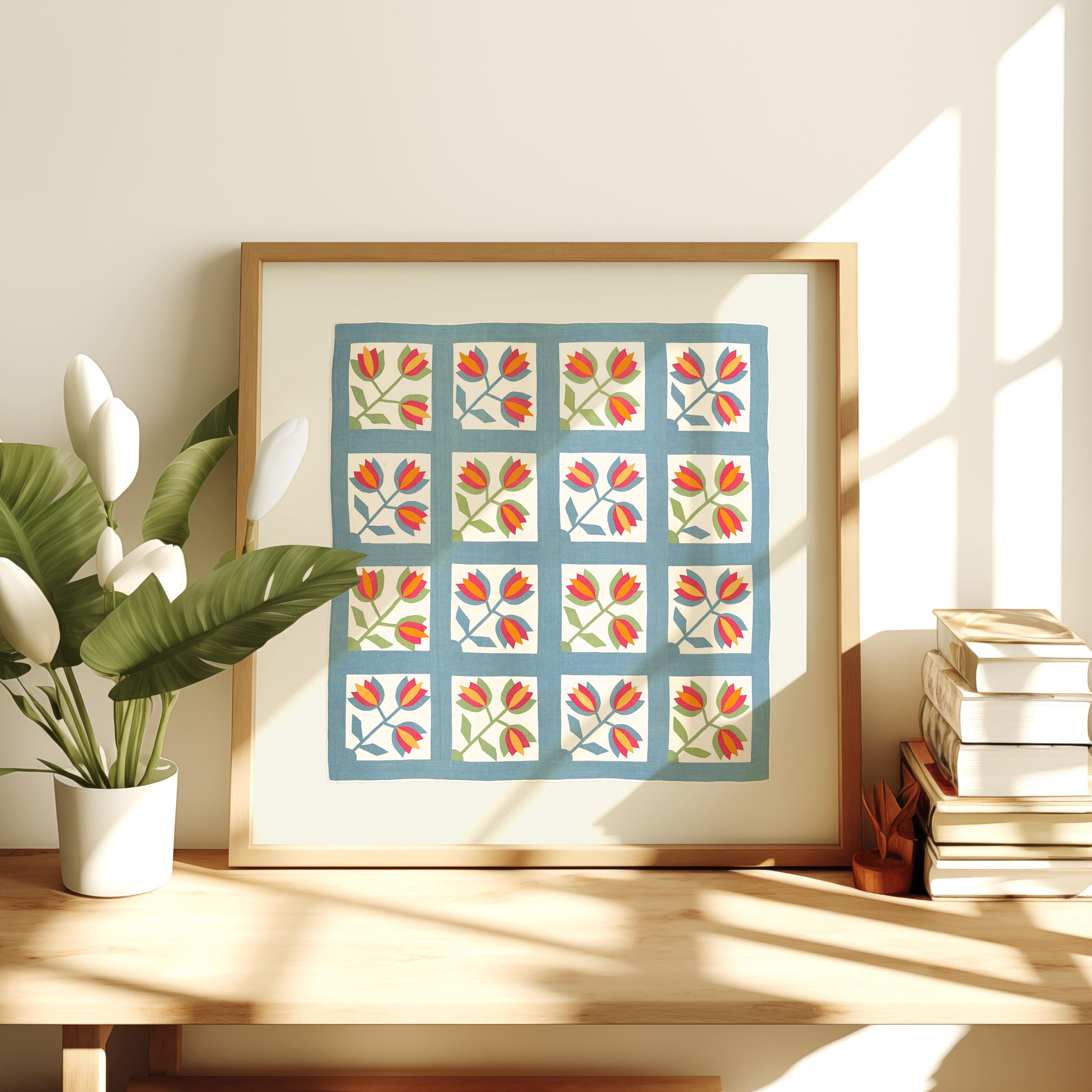 Quilt Design Digital Art, Digital Download, Quilt decor, floral quilt art print, nancy myers art, english cottage decor, gs print shoppe