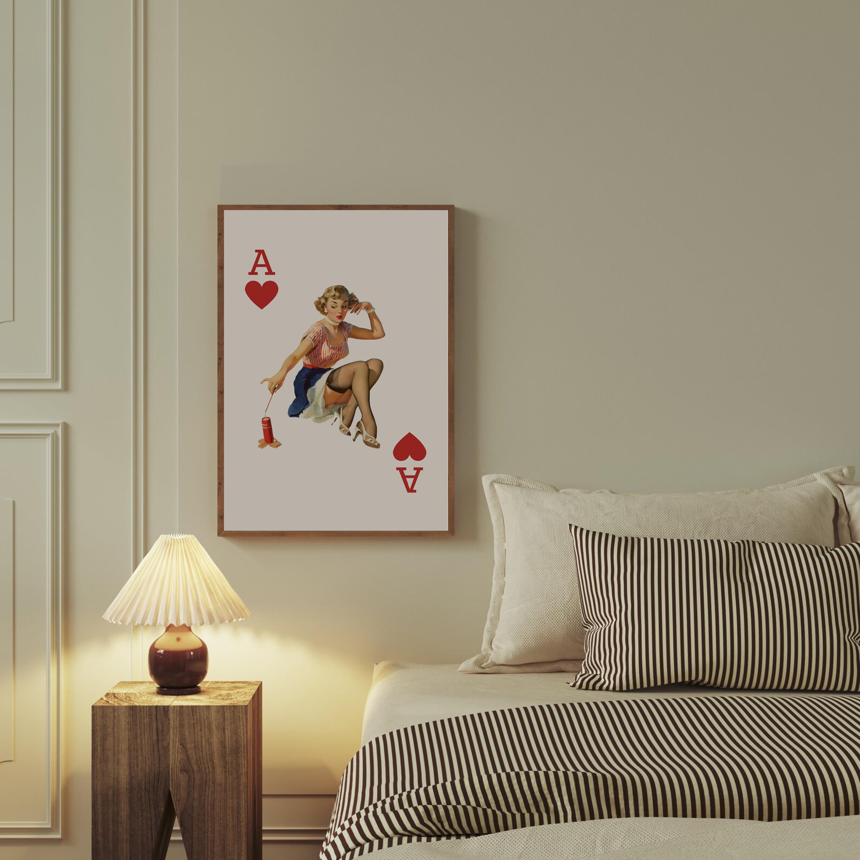 Trendy Retro Art, Playing Card Decor, GS Print Shoppe, Retro Pin Up Poster, Digital Posters, Vintage Aesthetic Art, Ace of Hearts Print