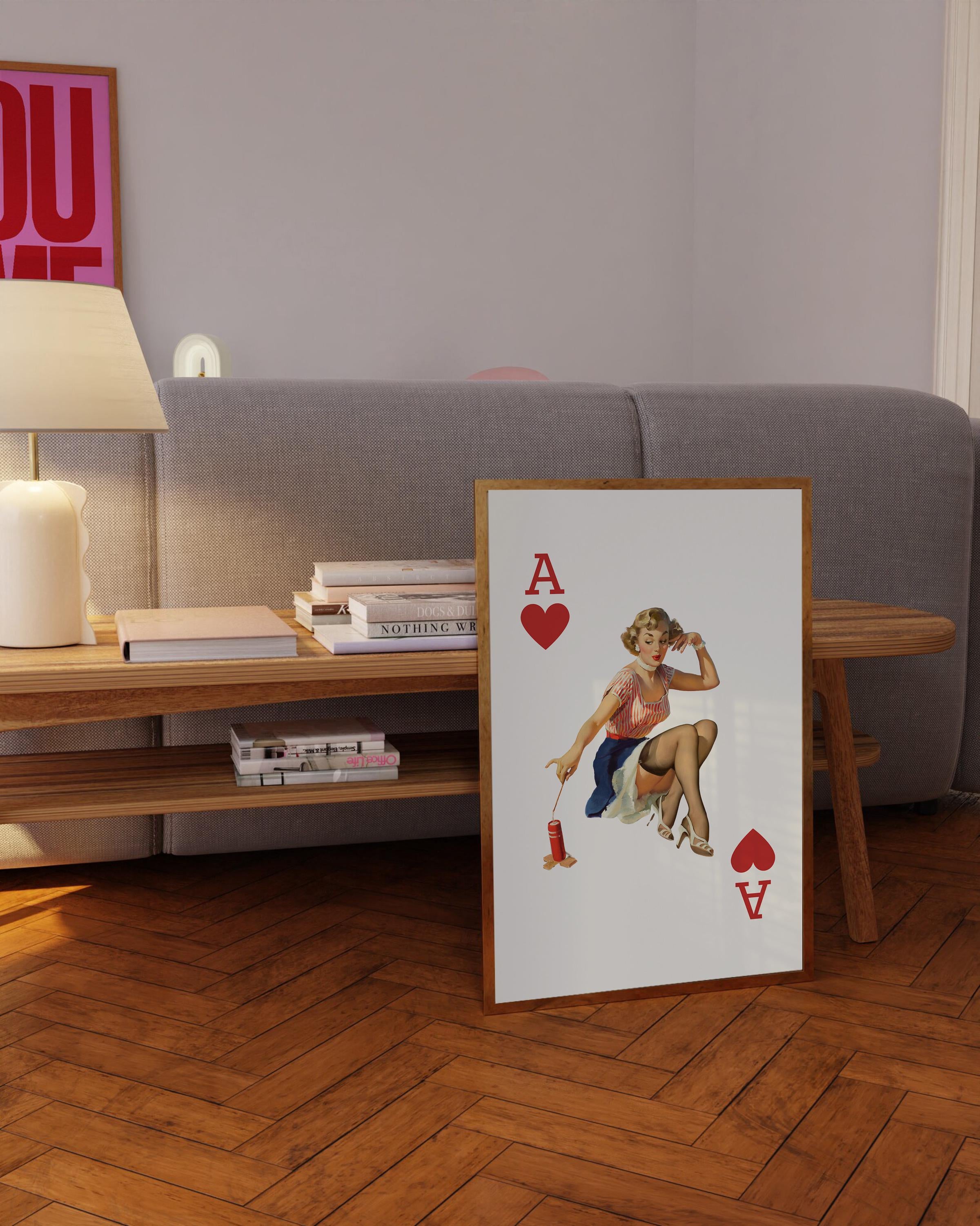 Trendy Retro Art, Playing Card Decor, GS Print Shoppe, Retro Pin Up Poster, Digital Posters, Vintage Aesthetic Art, Ace of Hearts Print