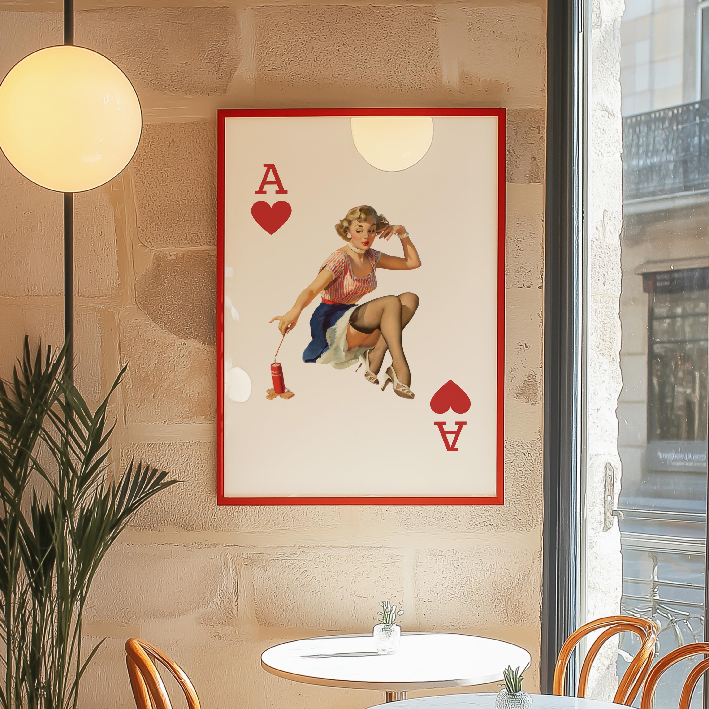 Trendy Retro Art, Playing Card Decor, GS Print Shoppe, Retro Pin Up Poster, Digital Posters, Vintage Aesthetic Art, Ace of Hearts Print