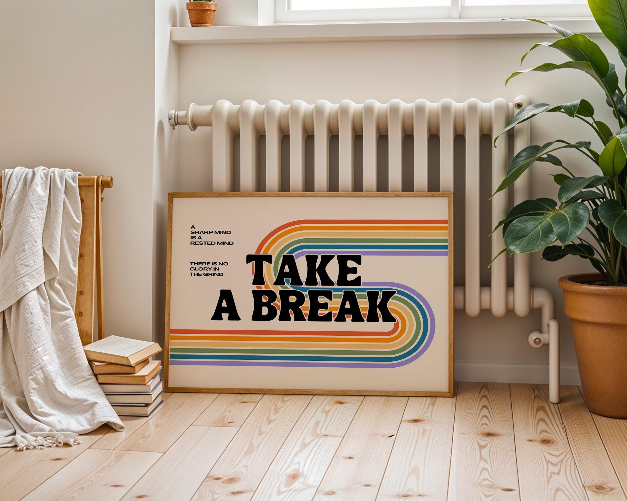 Classroom Art Decor, Digital Download, Take a Break Poster, Take a Break Art, Mental Health Print, Groovy Art Print, Rainbow Decor