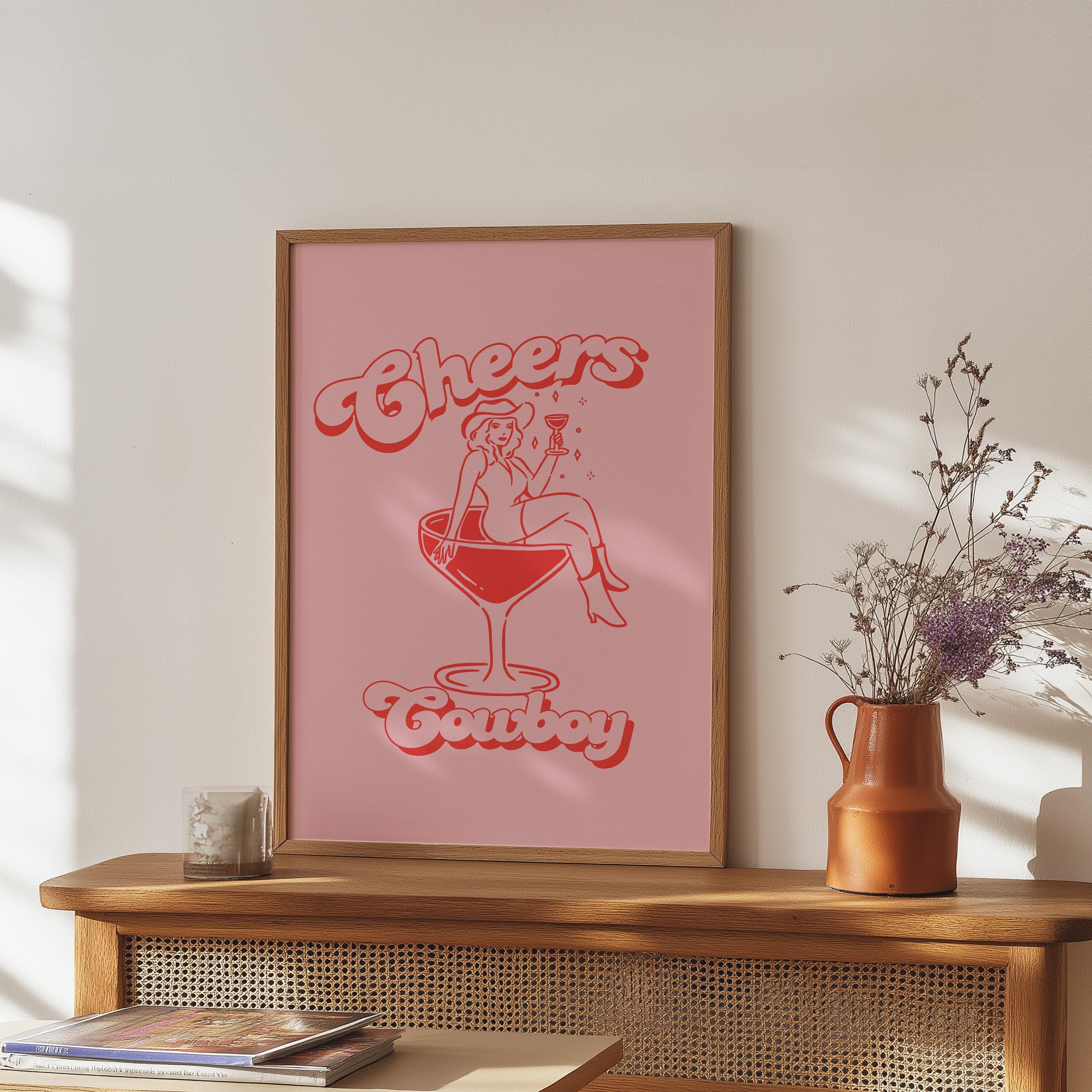 Cowboy Wild West Retro Art Print, Vintage Style Funky Wall Art, Pink Home Decor, Home Gift, Cocktail Art Print, Bar Cart decor