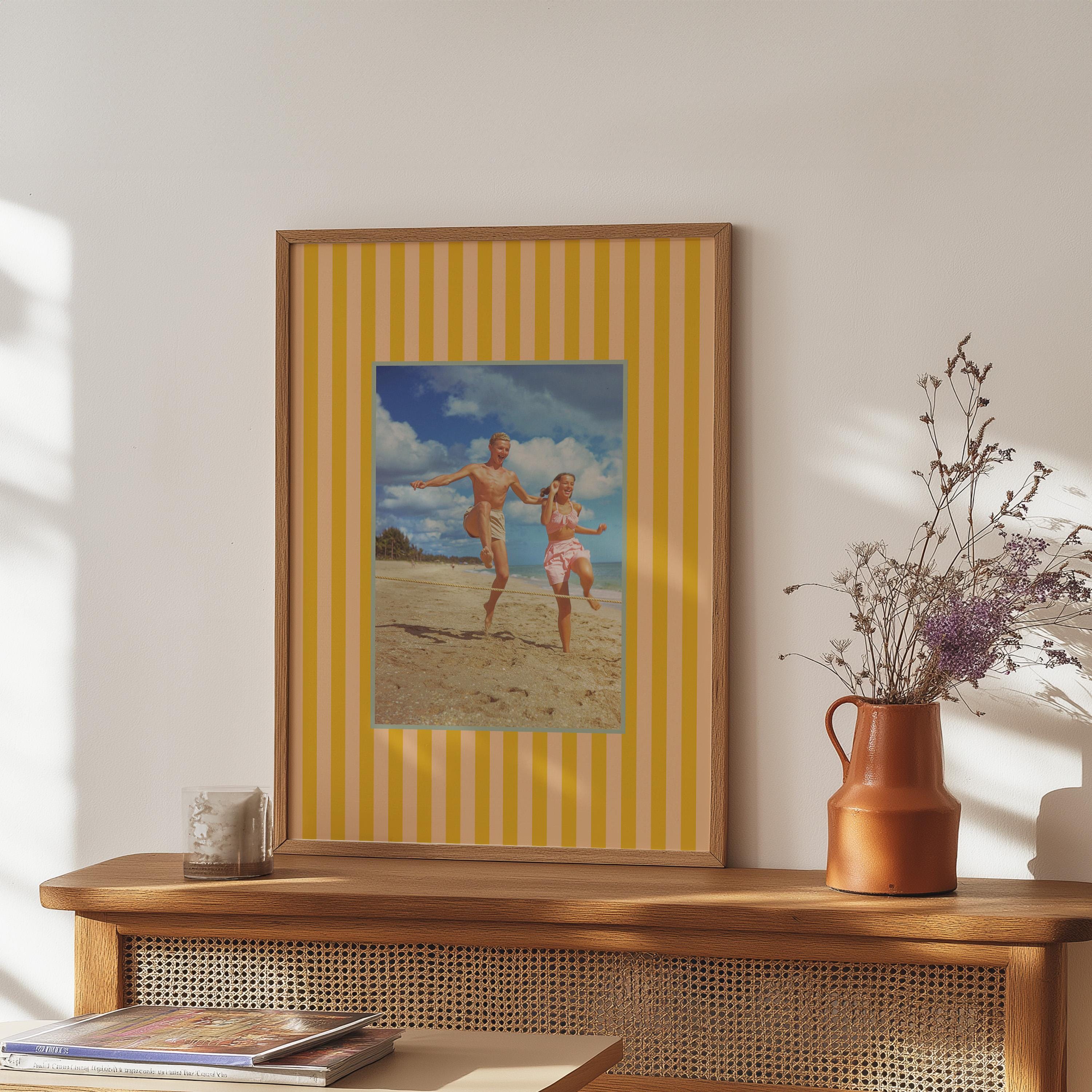 Vintage Beach Poster, Trendy Retro Wall Art, Vintage Poster, Aesthetic Print, Bedroom Wall Art, Striped Beach Print, Digital Art Print