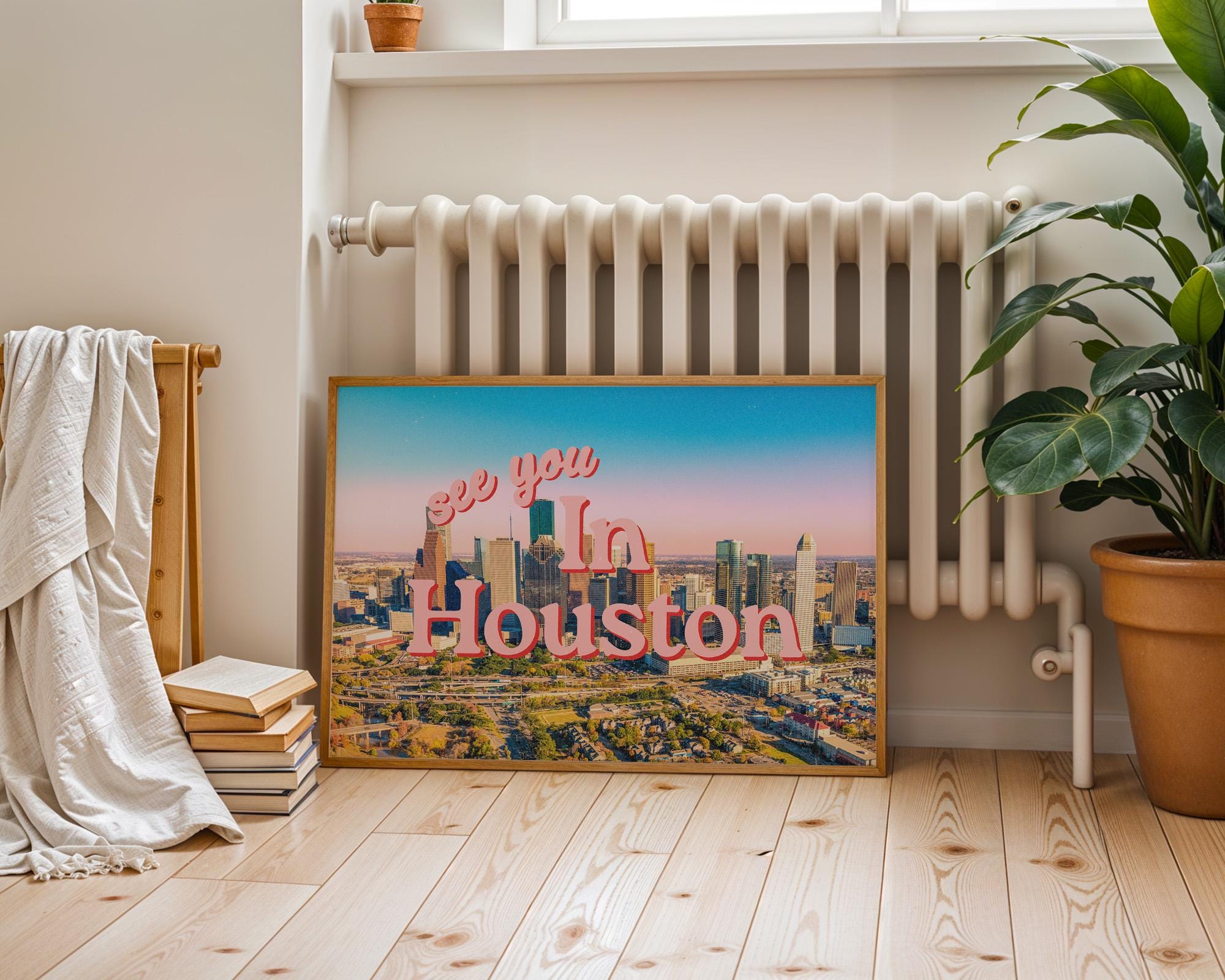 Houston Art Print, Vintage Houston Wall Art, Trendy Home Decor, Retro Poster, Cute Houston Poster, Dorm Decor, Printable Art Pink