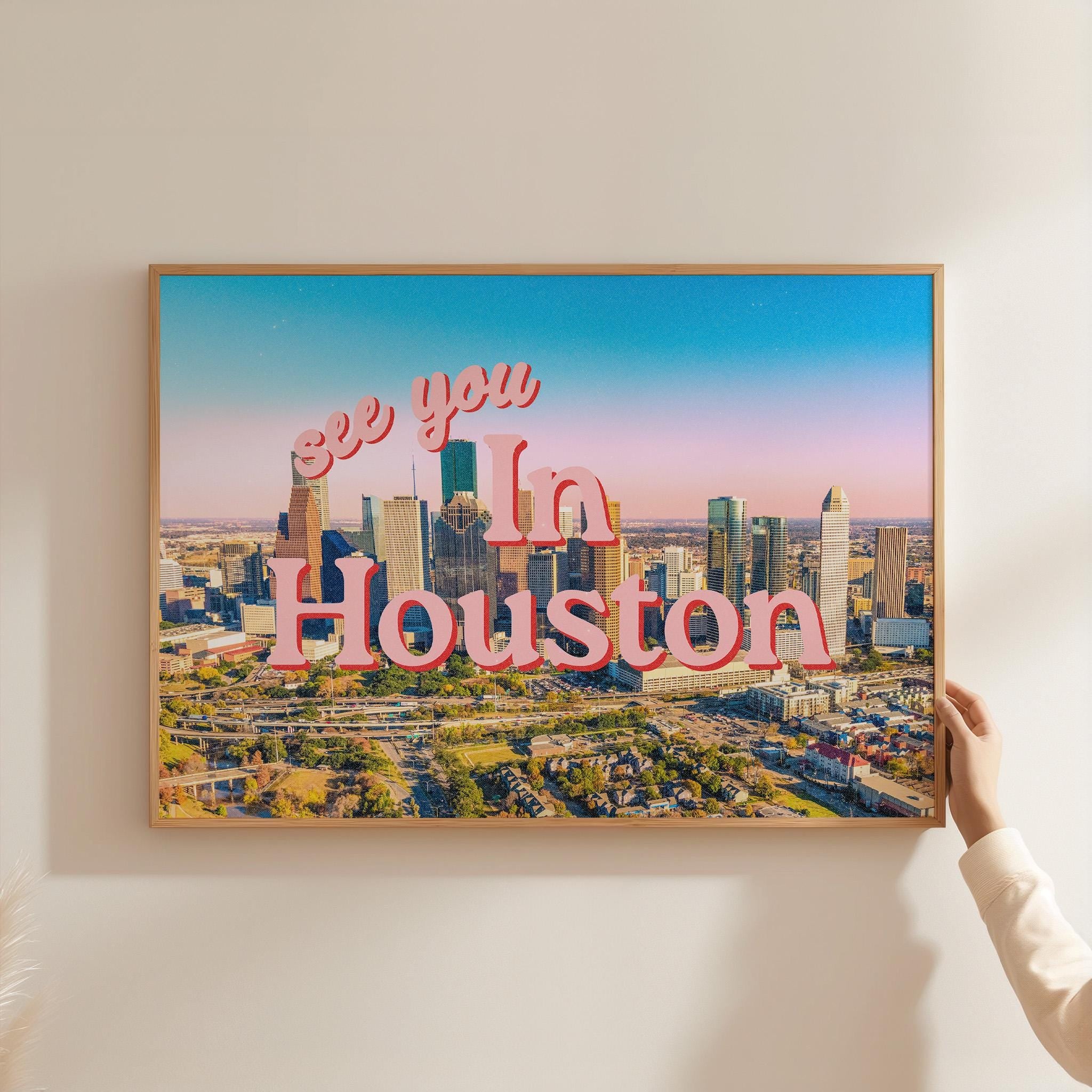 Houston Art Print, Vintage Houston Wall Art, Trendy Home Decor, Retro Poster, Cute Houston Poster, Dorm Decor, Printable Art Pink