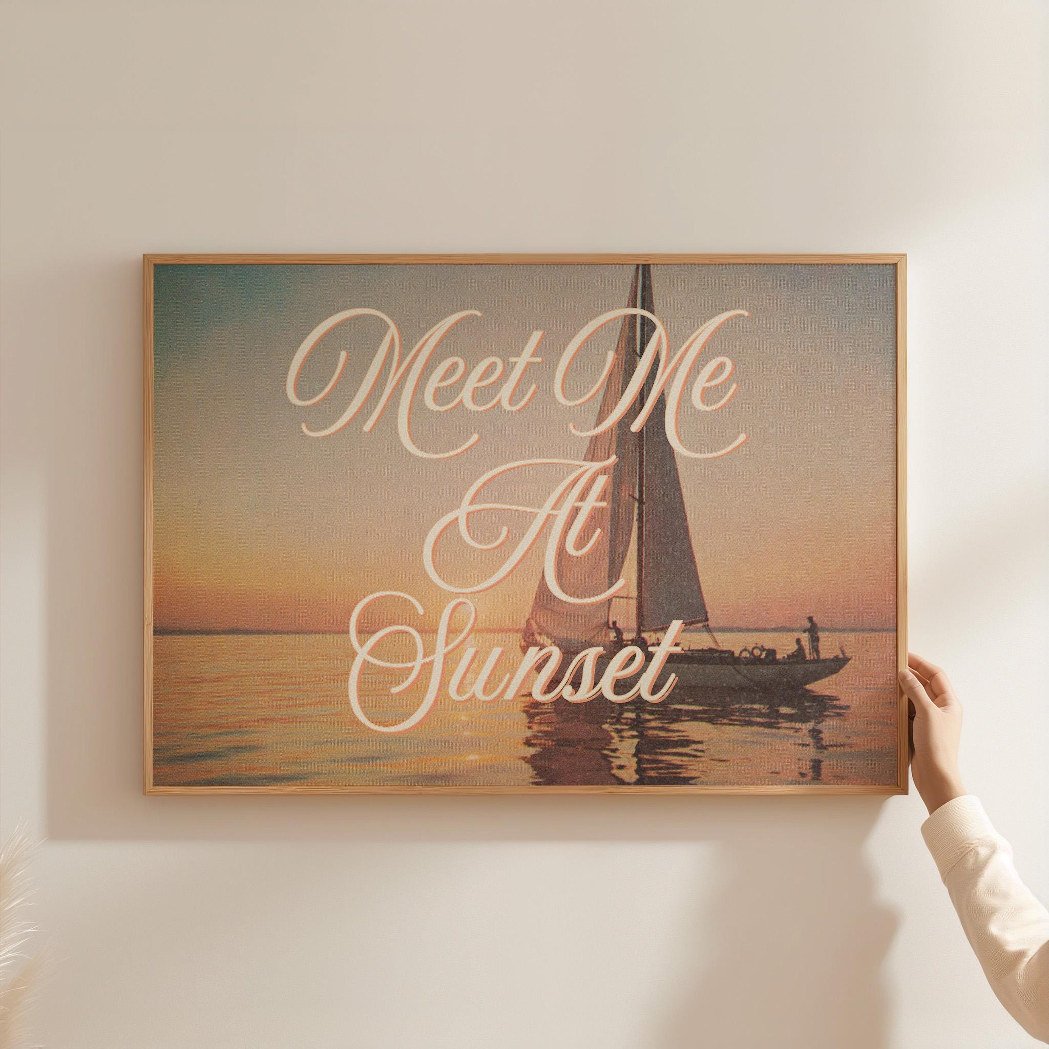 meet me at sunset, sunset print, trendy coastal wall art, beachy house decor, ocean wall art, girly aesthetic decor, gs print shoppe