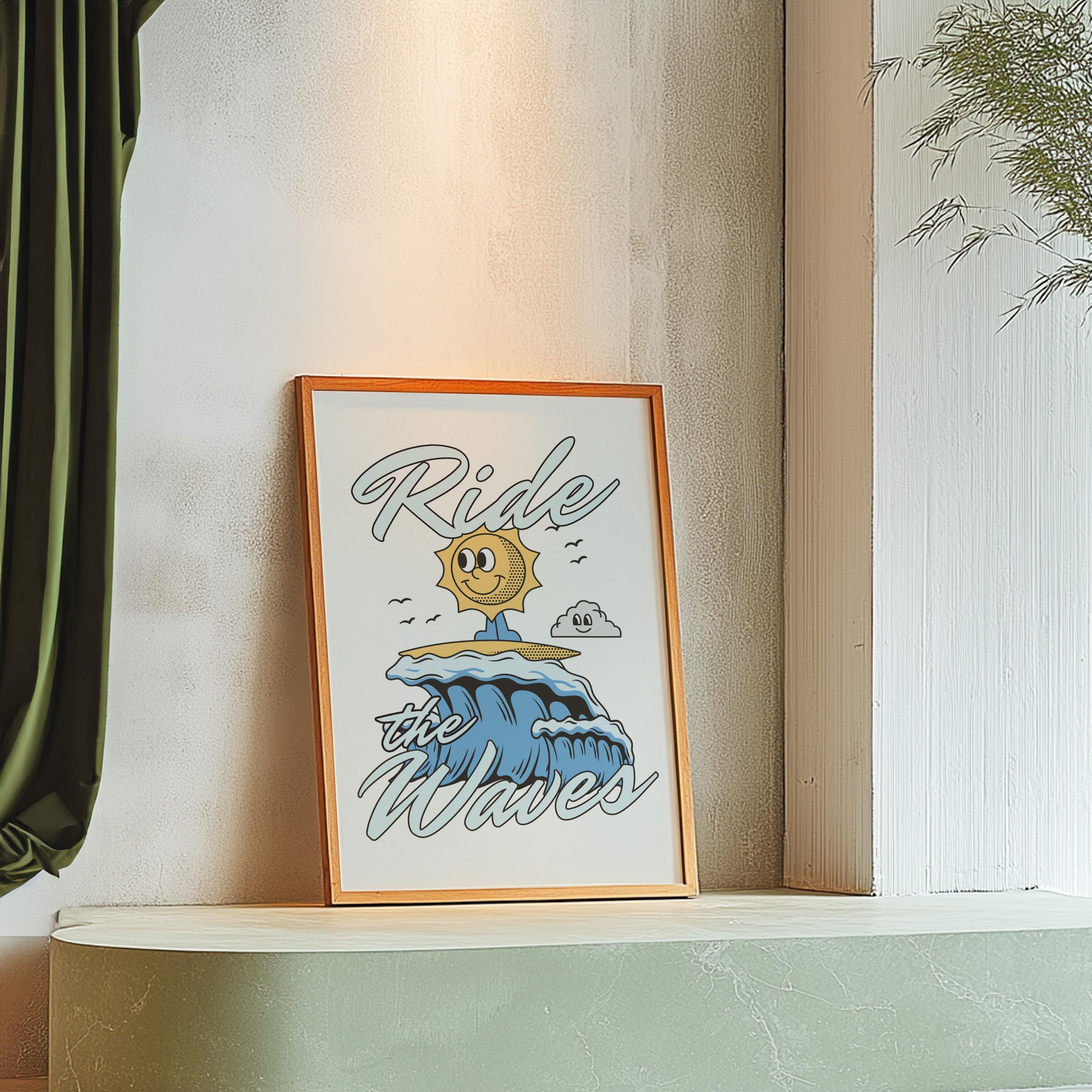 Classroom Art, Kids Room Art, Digital Print, Cartoon Art Print, Ride the Waves Art ,Vintage Mascot Art, Cute Positive Art, Surfing Decor