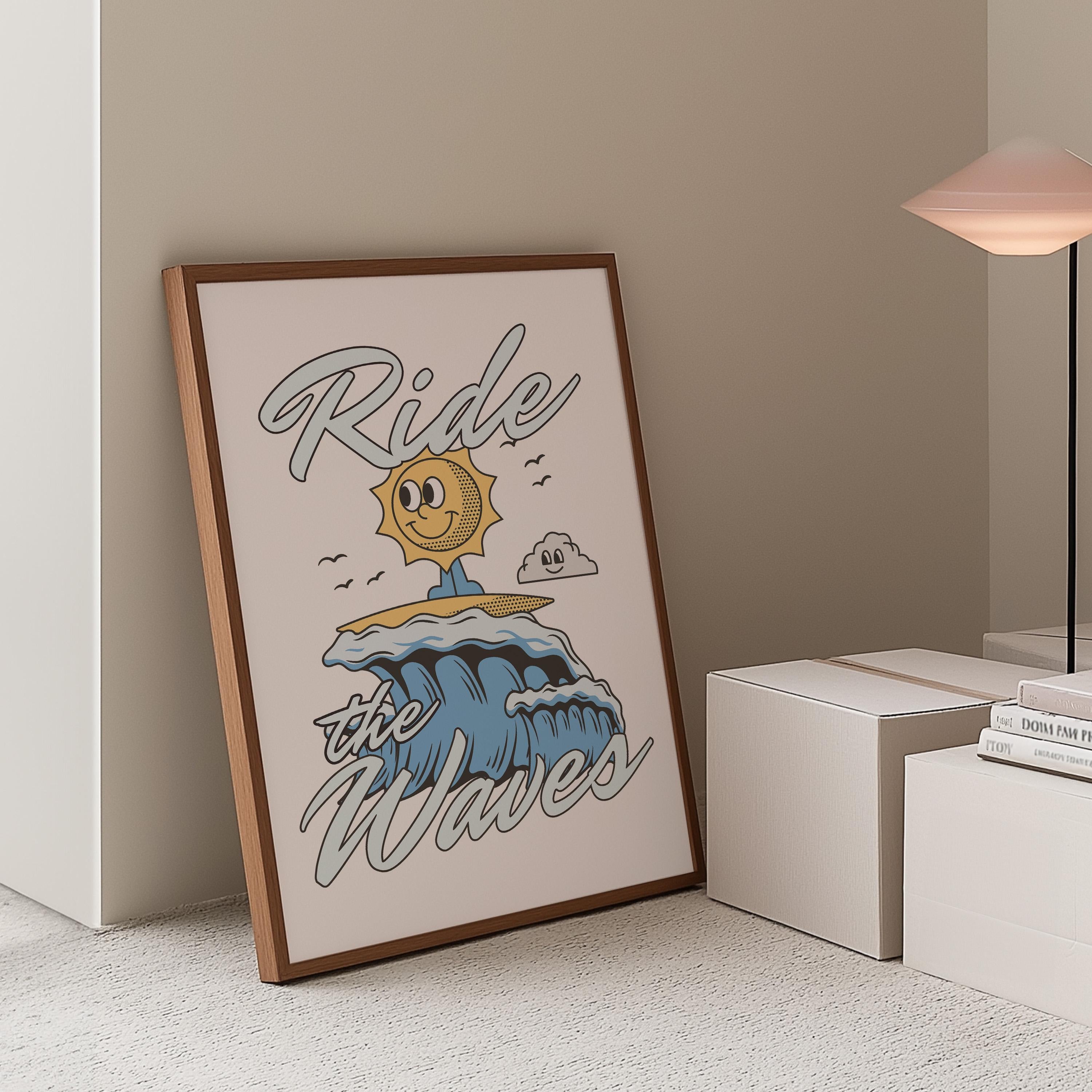 Classroom Art, Kids Room Art, Digital Print, Cartoon Art Print, Ride the Waves Art ,Vintage Mascot Art, Cute Positive Art, Surfing Decor