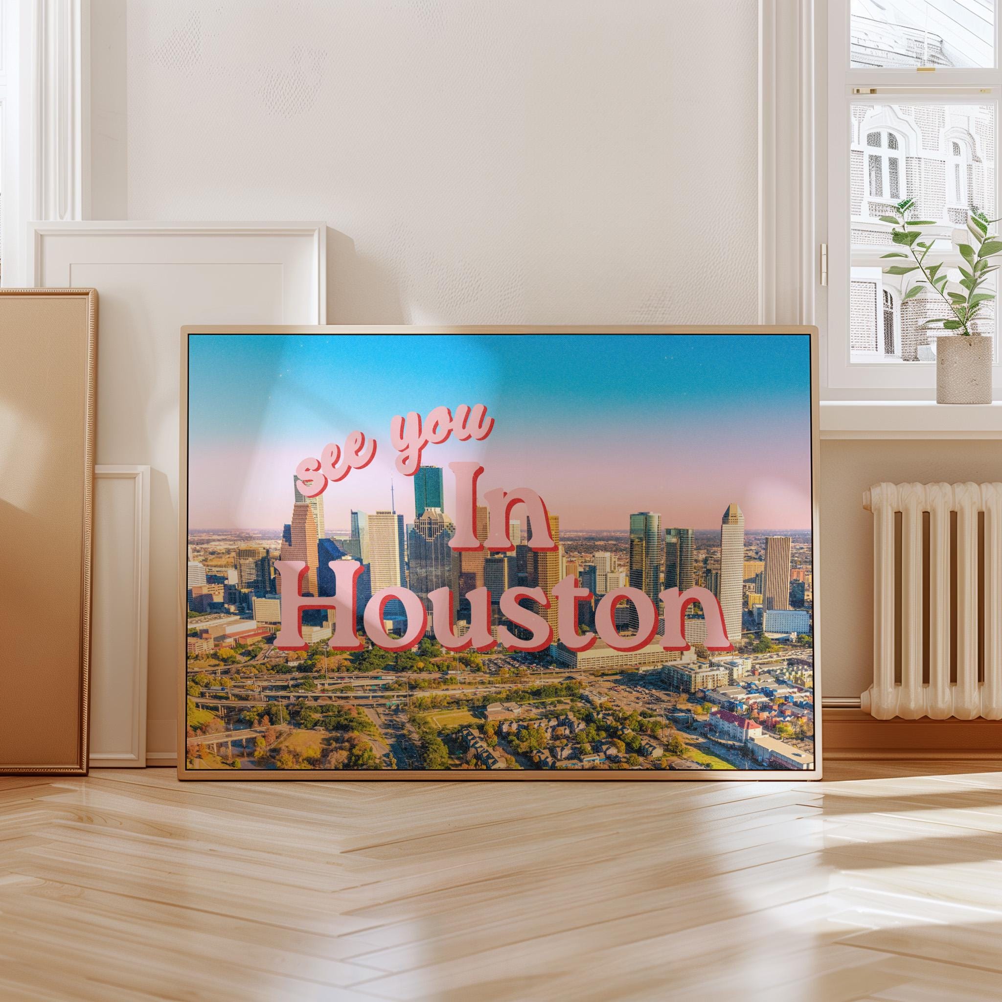 Houston Art Print, Vintage Houston Wall Art, Trendy Home Decor, Retro Poster, Cute Houston Poster, Dorm Decor, Printable Art Pink