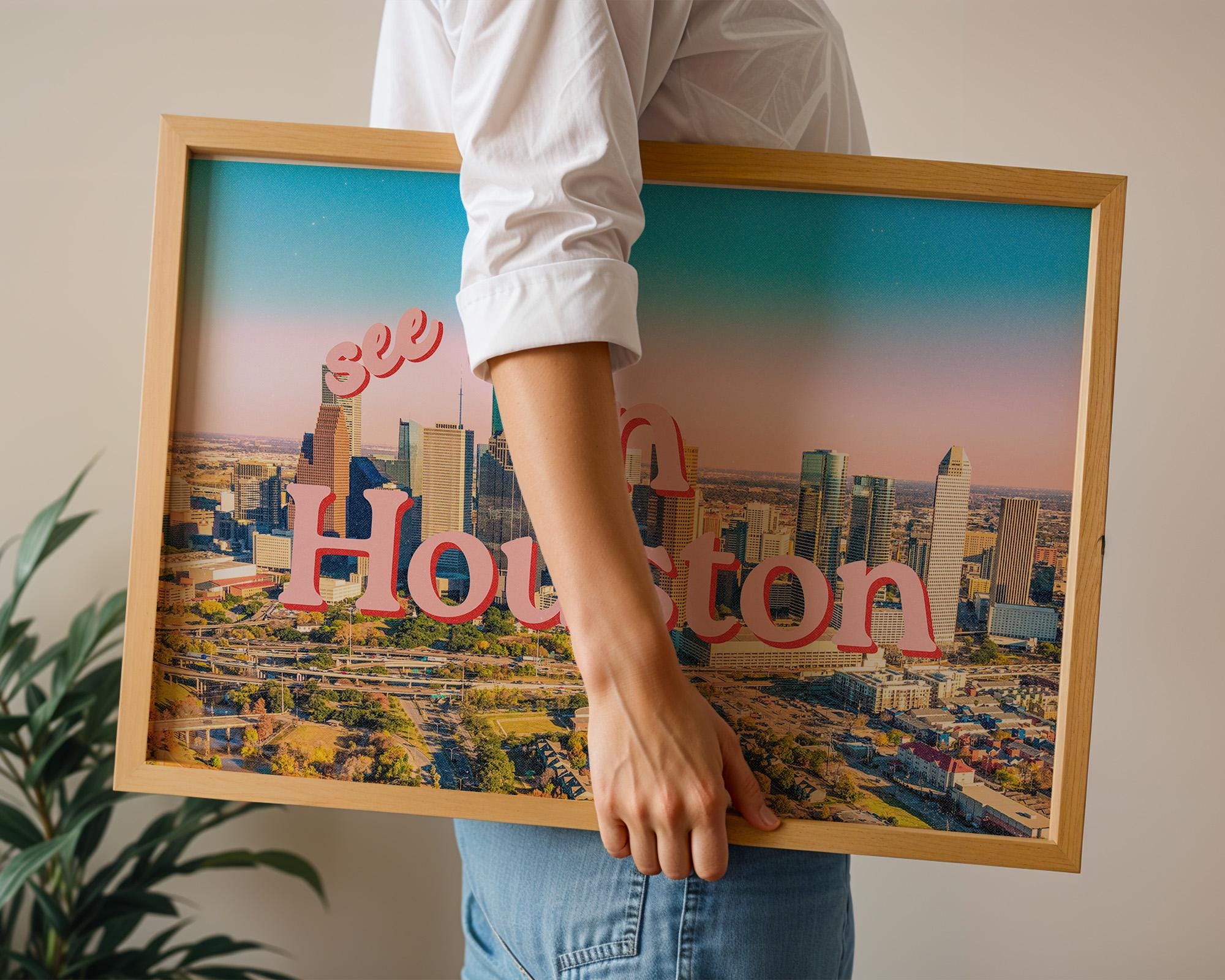 Houston Art Print, Vintage Houston Wall Art, Trendy Home Decor, Retro Poster, Cute Houston Poster, Dorm Decor, Printable Art Pink