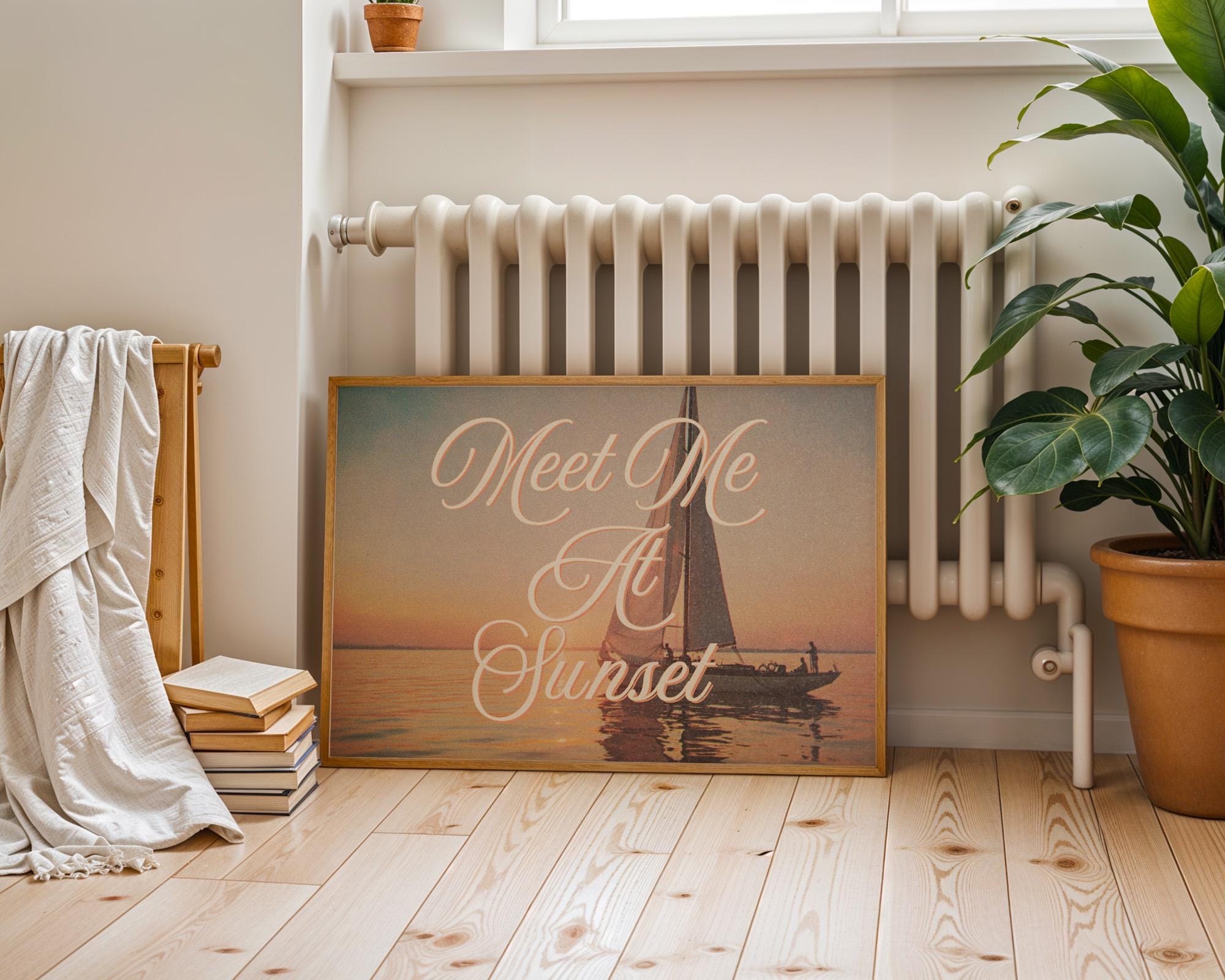 meet me at sunset, sunset print, trendy coastal wall art, beachy house decor, ocean wall art, girly aesthetic decor, gs print shoppe