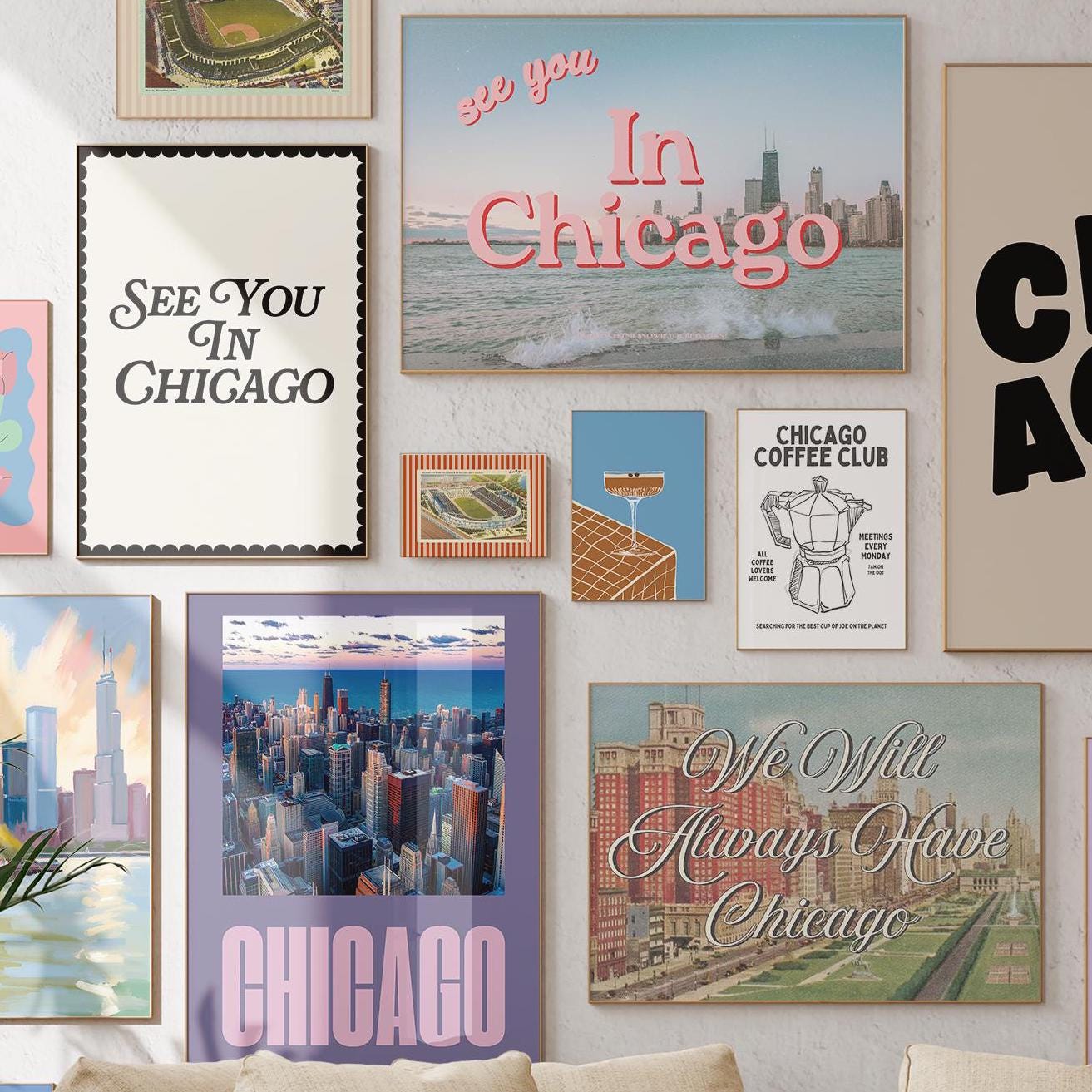 Set of 15 Art Prints, chicago Decor, Apartment Art Prints, chicago posters, Fun Poster Bundle, Gallery Wall Set, chicago Art Downloads