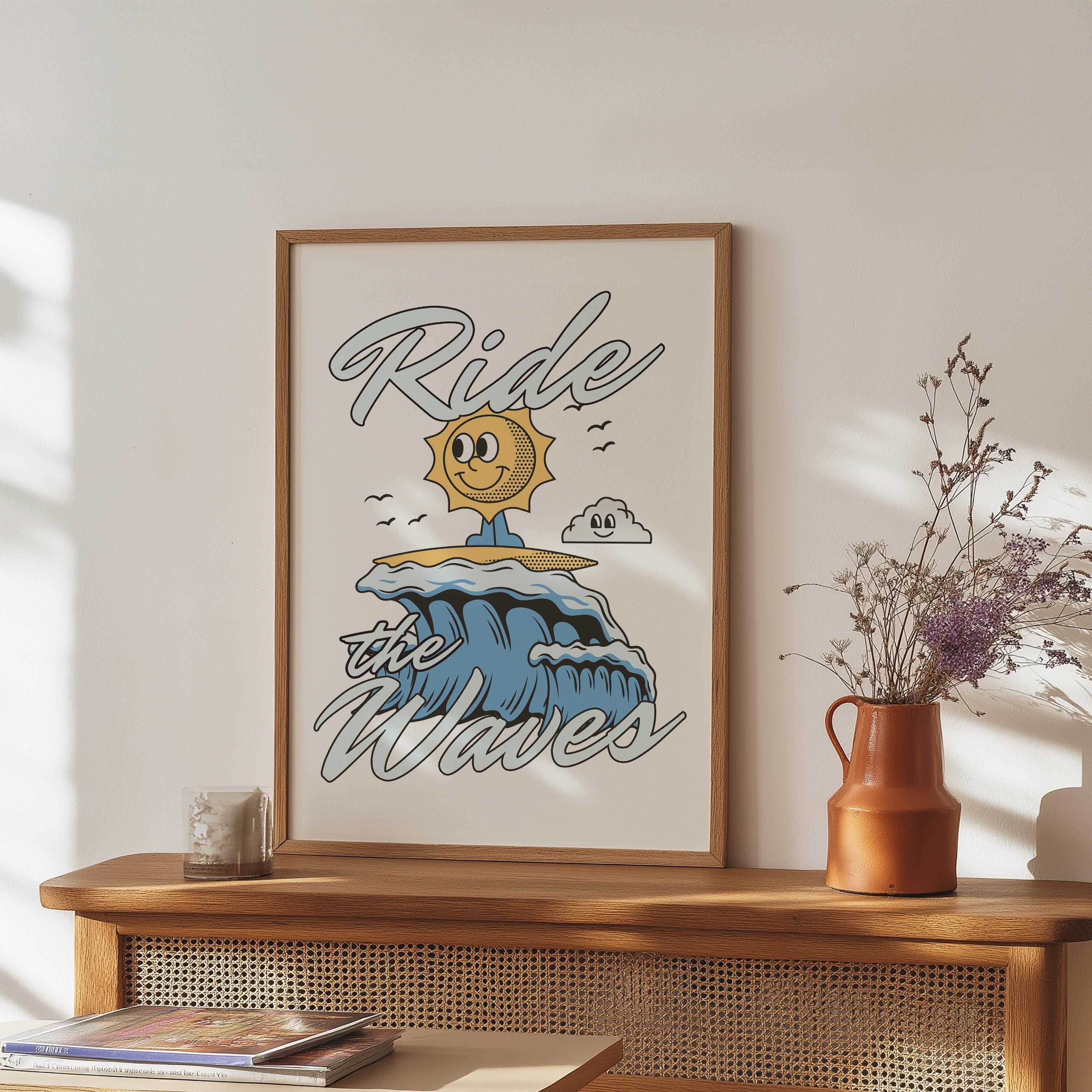 Classroom Art, Kids Room Art, Digital Print, Cartoon Art Print, Ride the Waves Art ,Vintage Mascot Art, Cute Positive Art, Surfing Decor