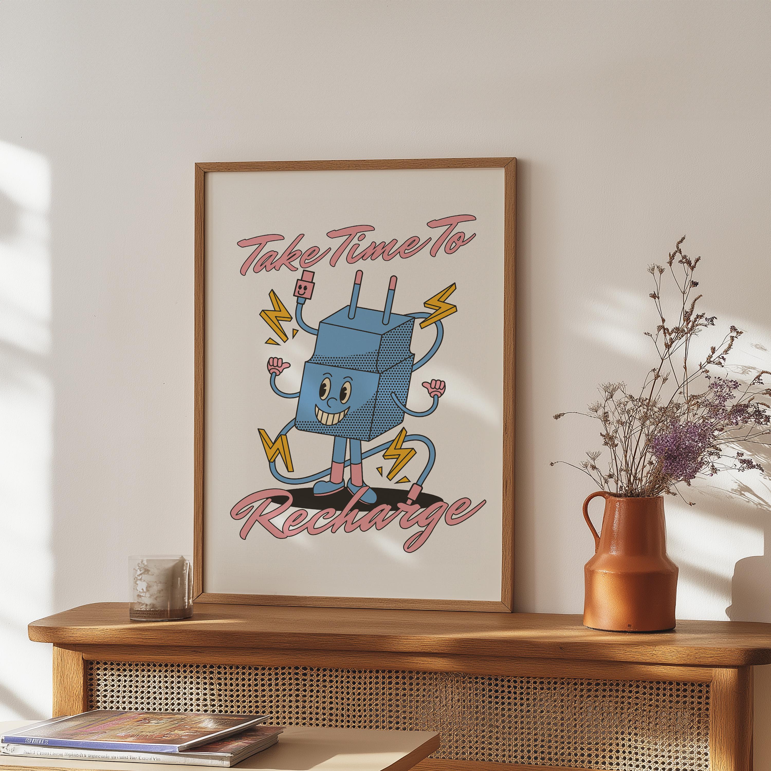 Classroom Art, Kids Room Art, Digital Print, Cartoon Art Print, Recharge Art, Vintage Mascot Art, Cute Positive Art, Inspirational Decor