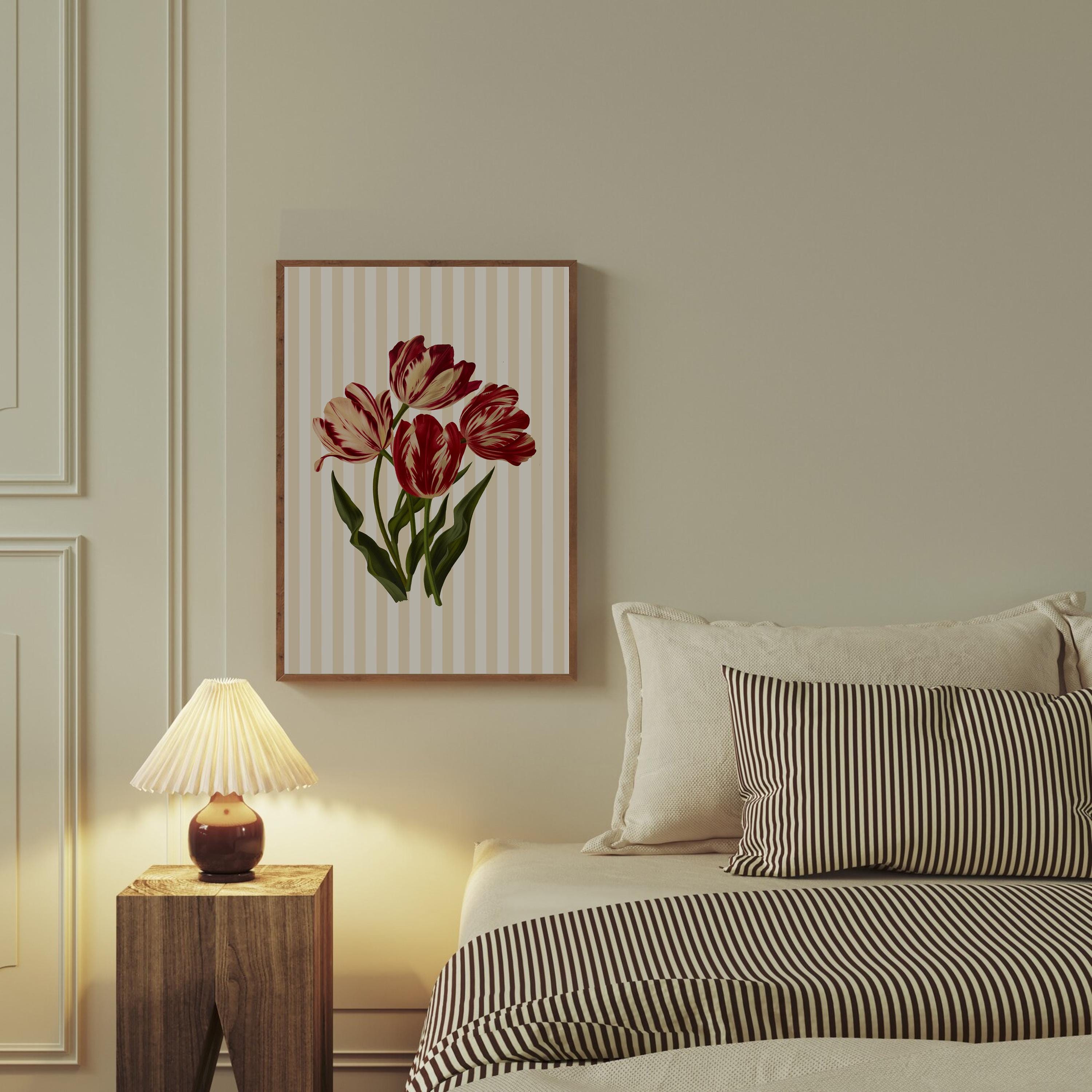 Floral Art Print, Vintage Flower Art Print, Cottagecore Neutral Decor Digital PRINTABLE Download, Striped Floral Wall Art