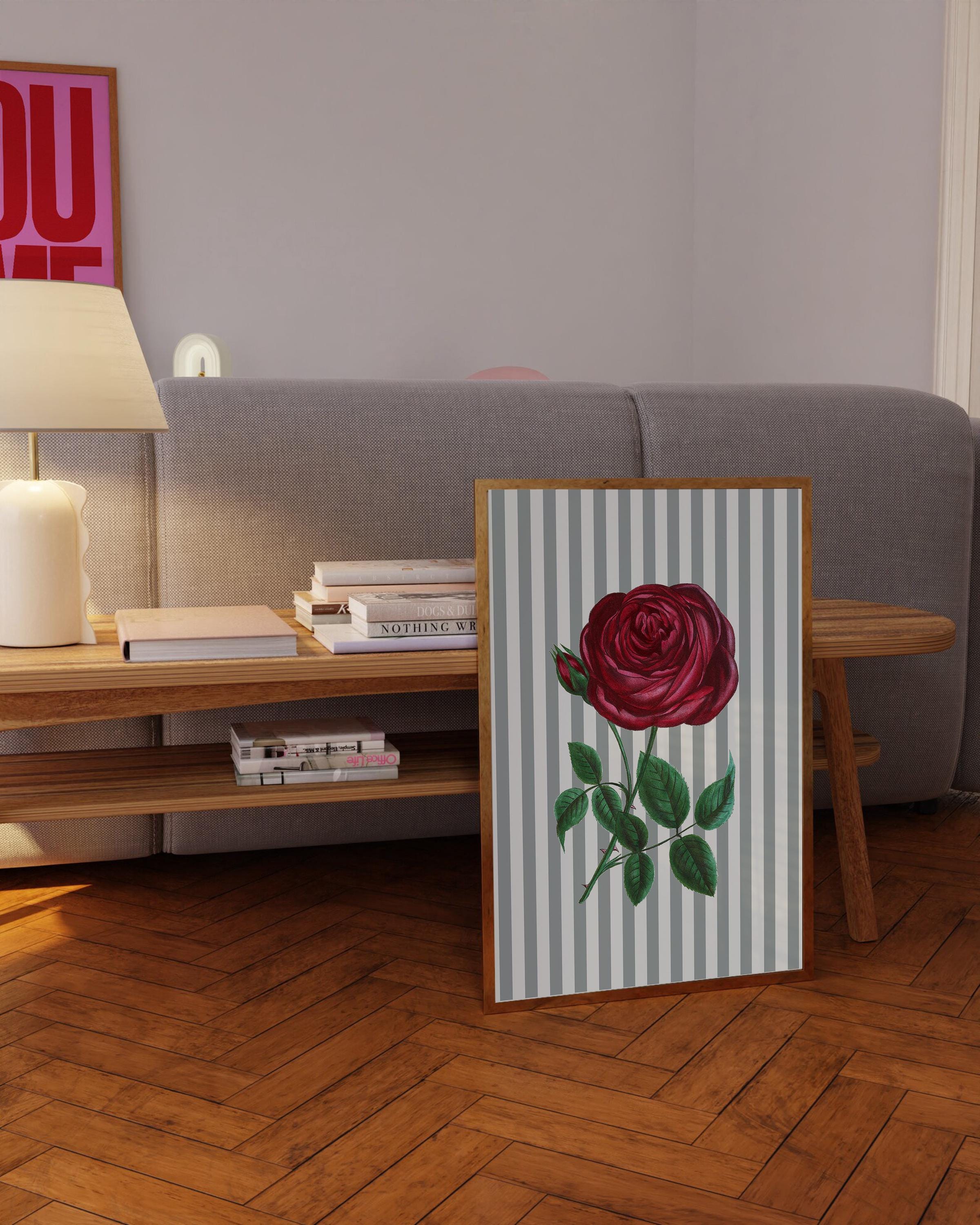 Rose Art Print, Vintage Flower Art Print, Nancy Myers Decor Digital PRINTABLE Download, Striped Floral Wall Art, Rose Striped Art Print