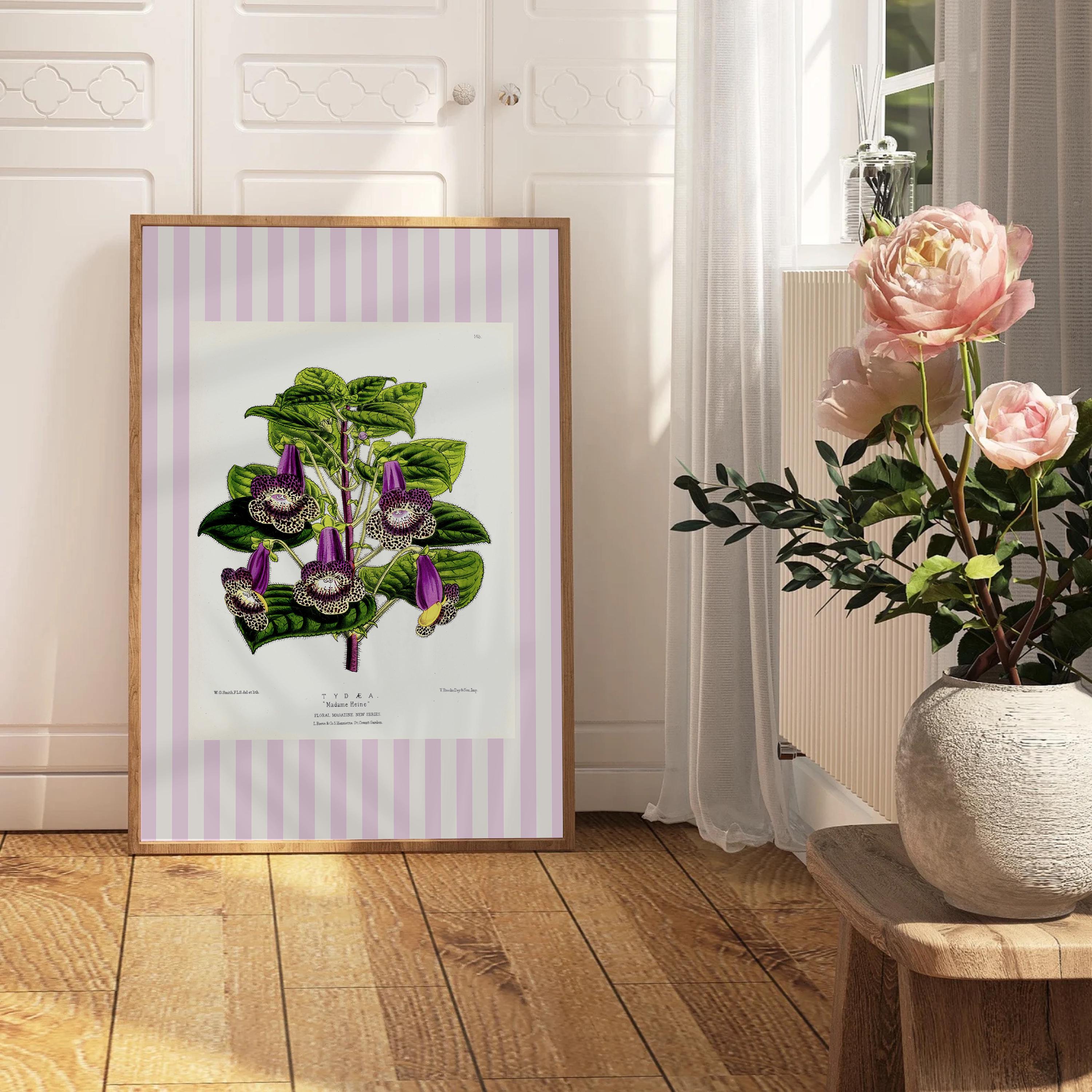 Floral Art Print, Vintage Flower Art Print, Cottagecore Purple Decor, Digital PRINTABLE Download, Striped Floral Wall Art, Purple floral art