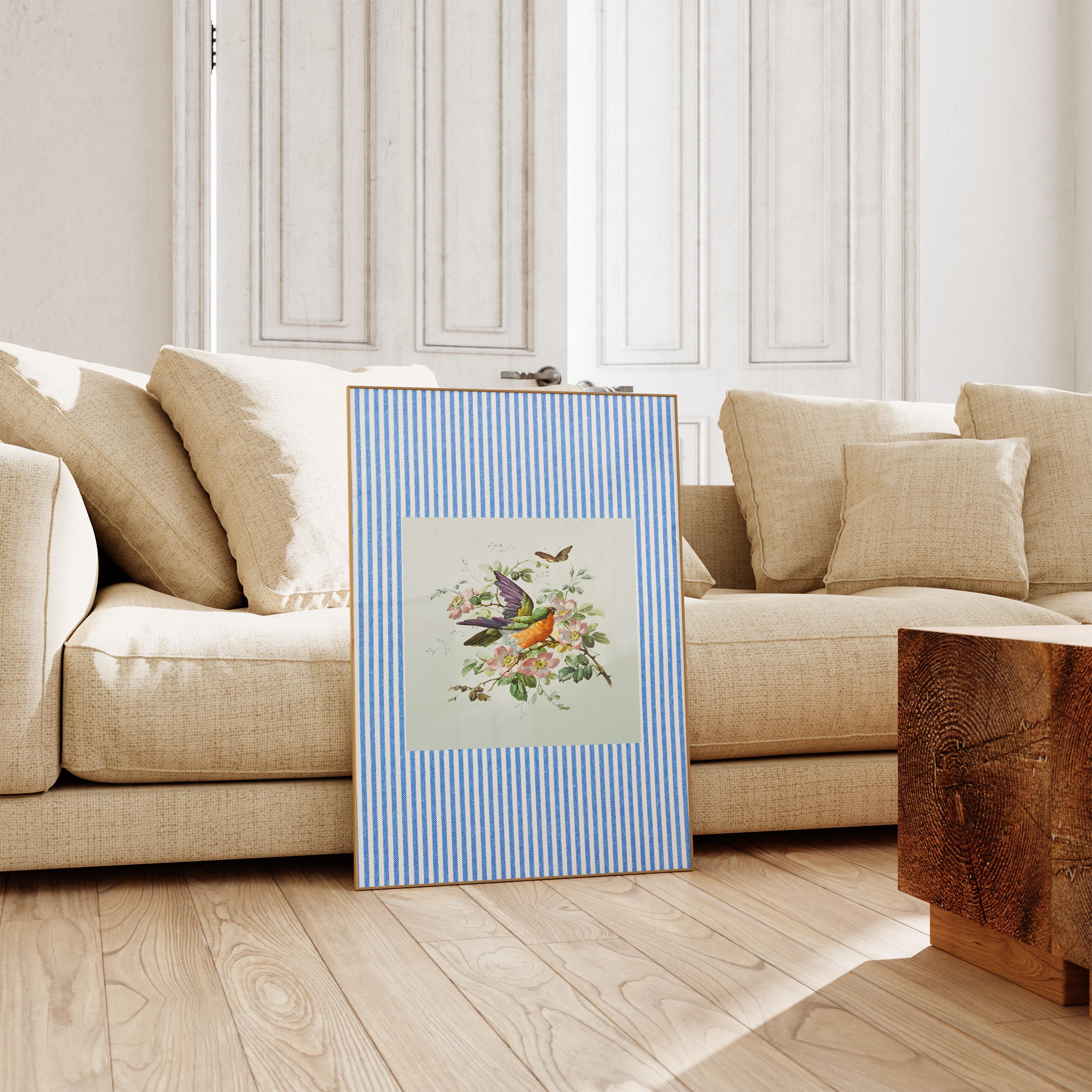 Blue Striped Print, Trendy Maximalist Art, Vintage Bird Prints, Printable Art, Digital Download, Vintage Bird Decor, Bird Wall Art