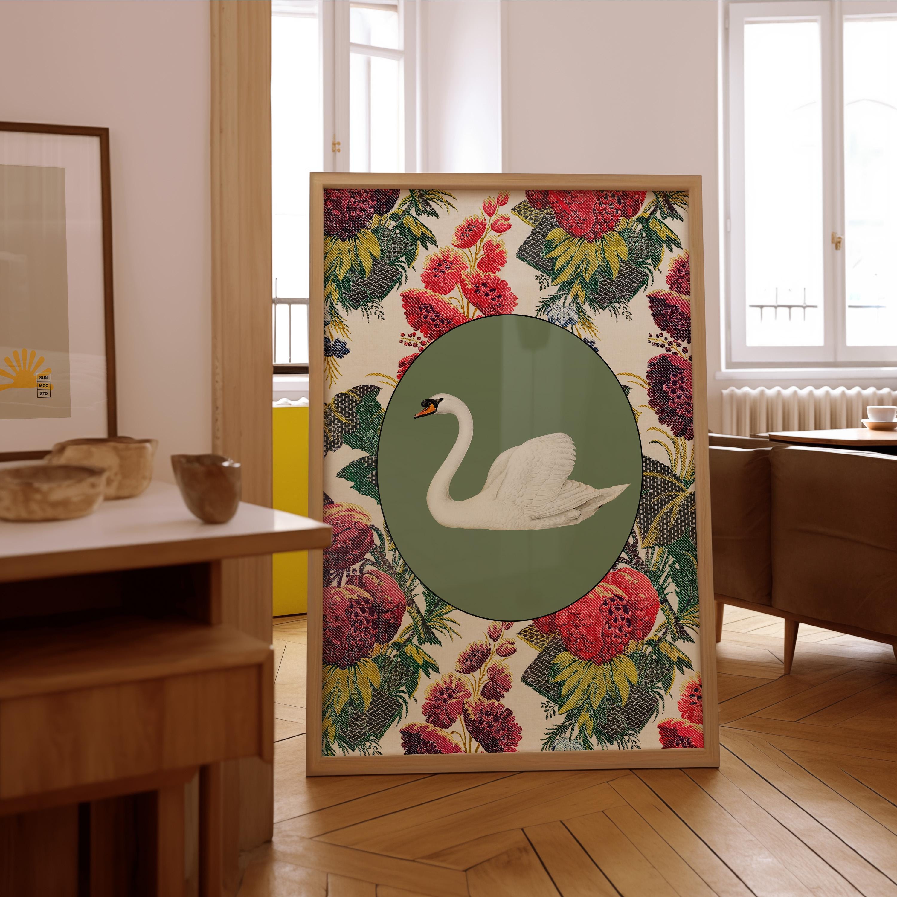 Vintage Flower Art Print, Cottagecore Decor, Digital PRINTABLE Download, Floral Wall Art, Purple floral art, Fabric art print, swan art