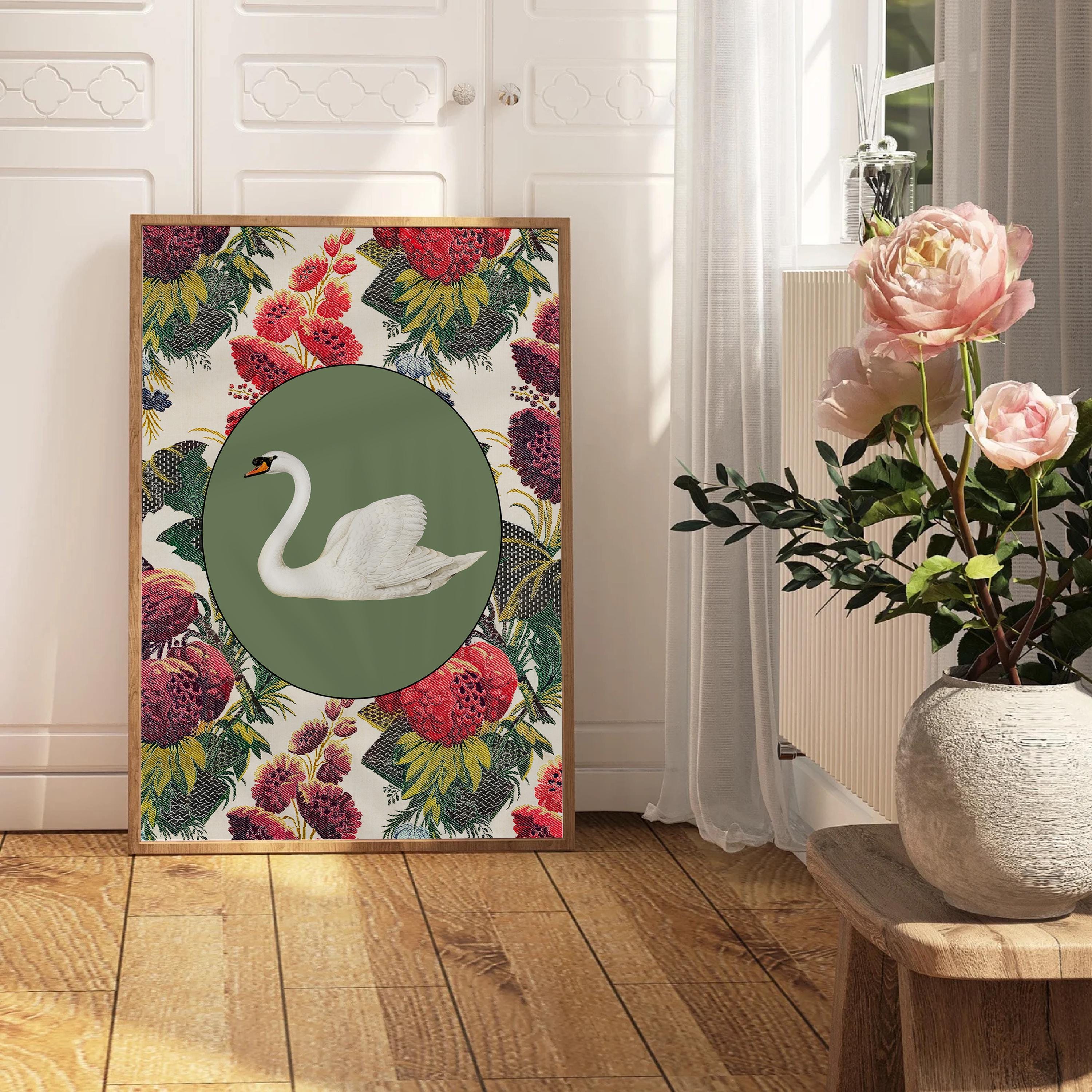 Vintage Flower Art Print, Cottagecore Decor, Digital PRINTABLE Download, Floral Wall Art, Purple floral art, Fabric art print, swan art