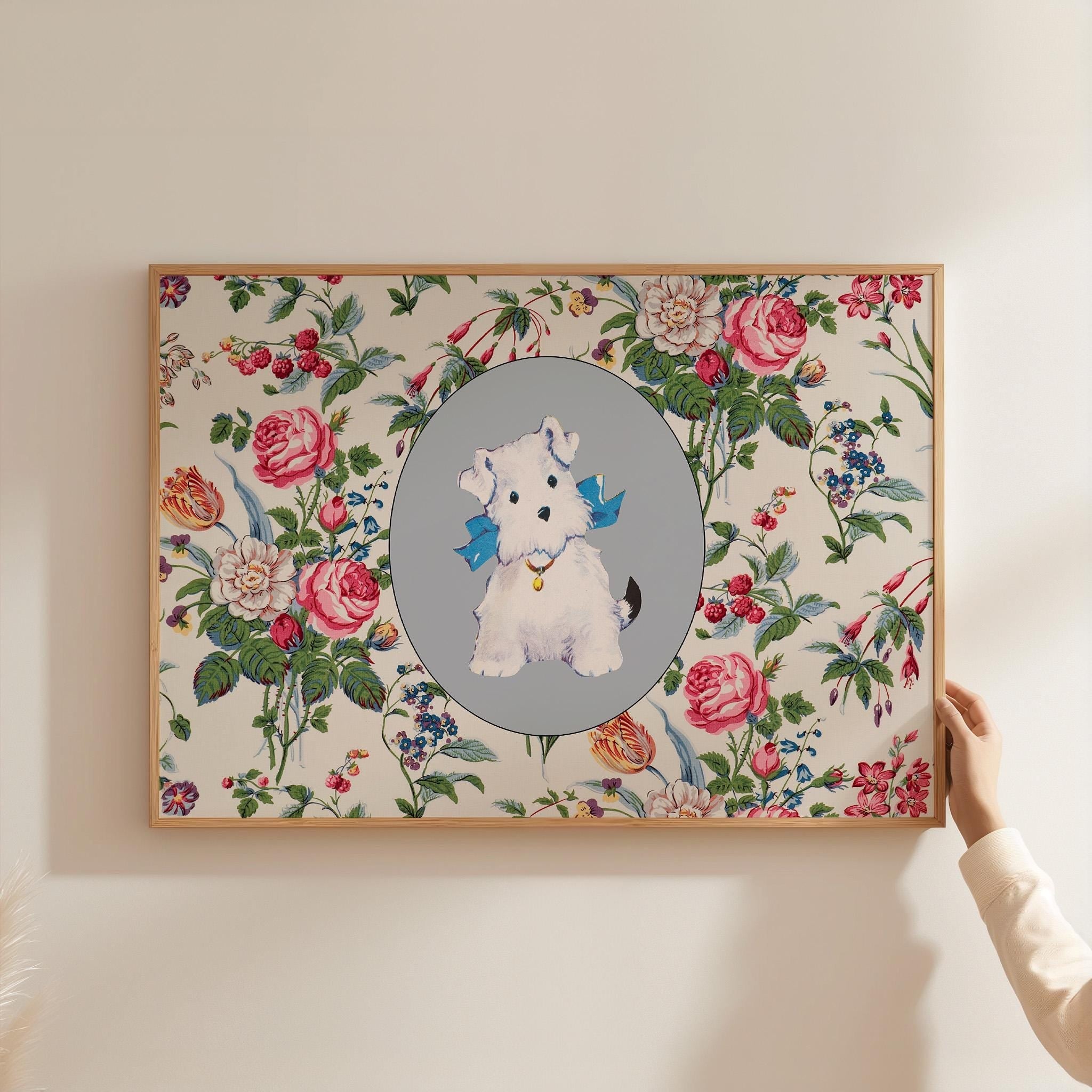 Vintage Dog Wall Art, Antique Dog Painting Digital Prints, Dog Portrait Sketch, Farmhouse Decor, Maximalist Floral Art, Vintage Flower Art