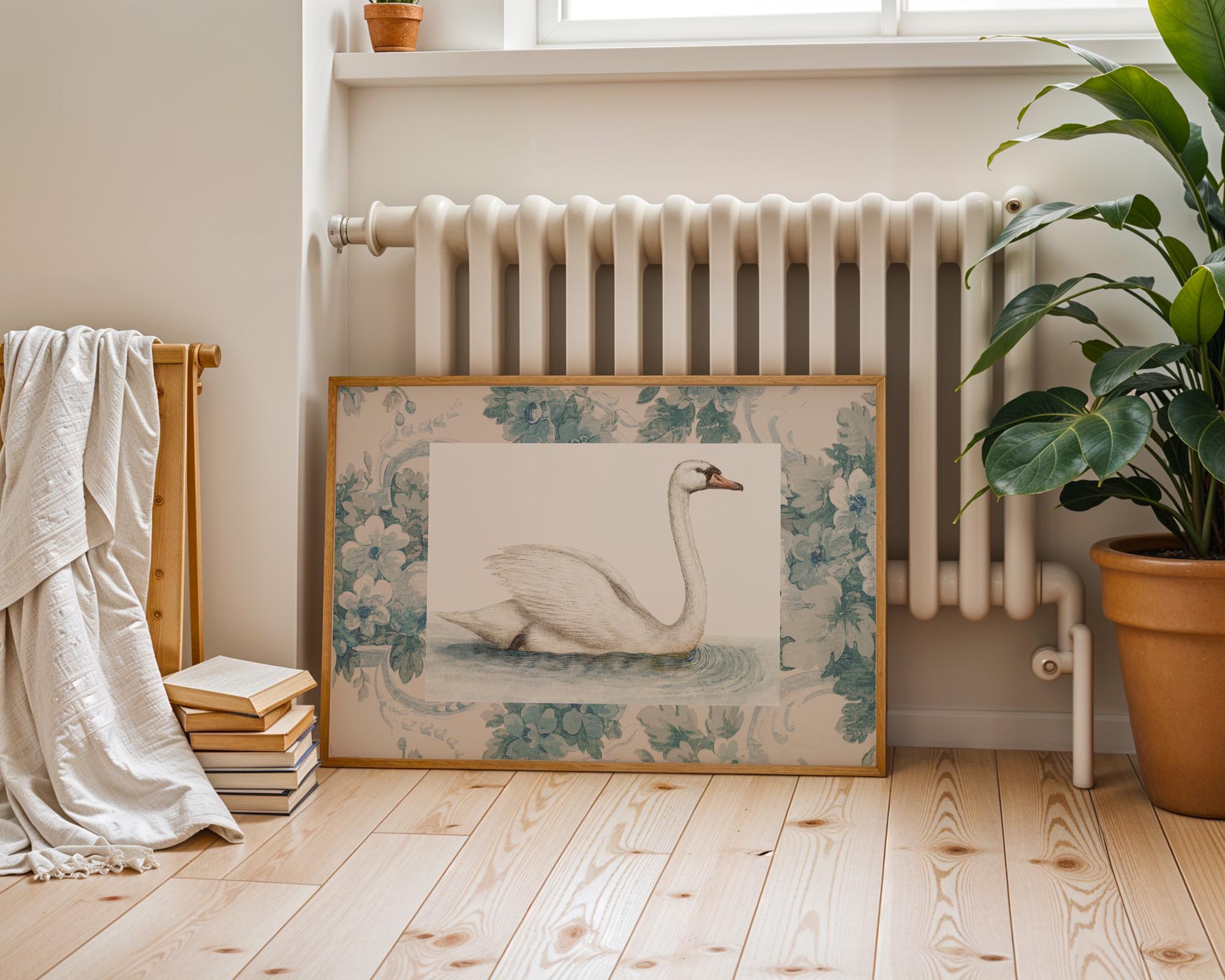 Blue Floral Swan Print, INSTANT Digital Downloadable Wall Art, Trendy Decor, Nautical illustration, Living Room Art, Cottage, Nursery